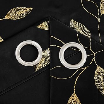 Bujasso Black Blackout Curtains Print Golden Leaf Patterned 54x72 Grommet
