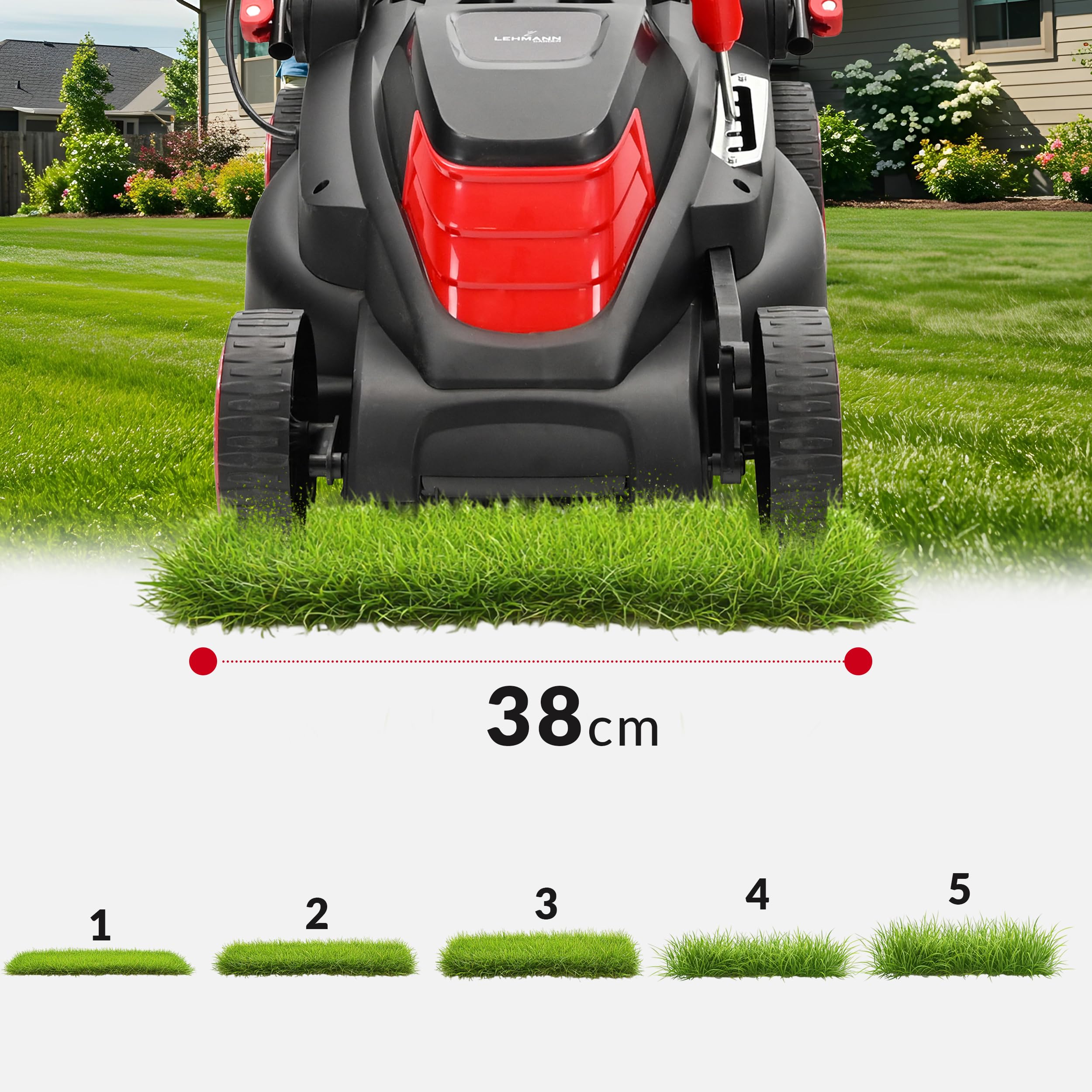 Lehmann Tondeuse à Gazon Électrique pour pelouses Jusqu’à 1000 m², 1600 W, Largeur de Coupe 38 cm, Bac de Ramassage 40 L, Réglage Hauteur de Coupe 5 Positions 25 à 75 mm, 3450 TR/Min