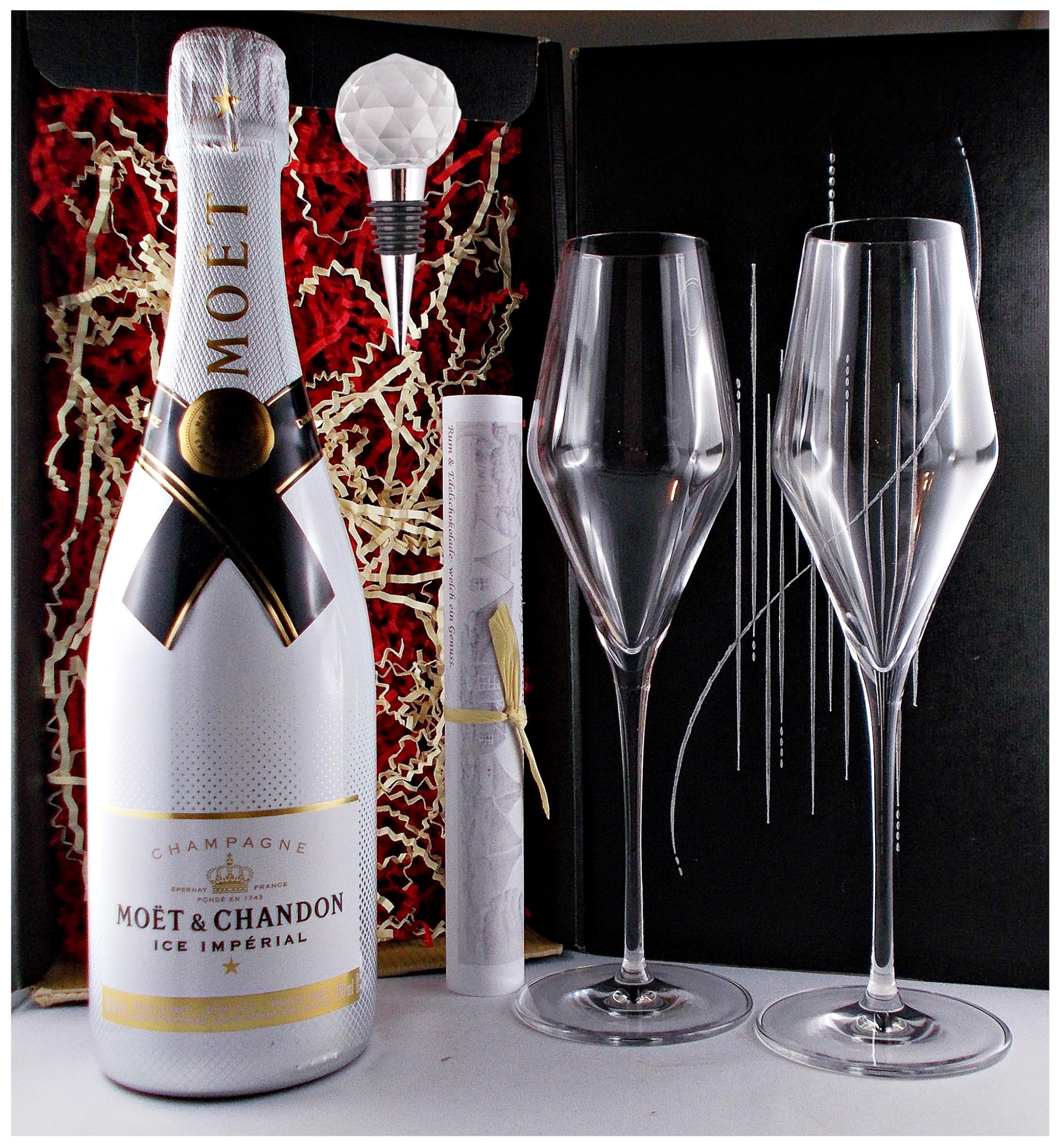 Moet & Chandon Ice Imperial Champagner + 2 Gläser + Verschluß Crystal im Geschenk Karton Geschenkset Frauengeschenke Männergeschenke