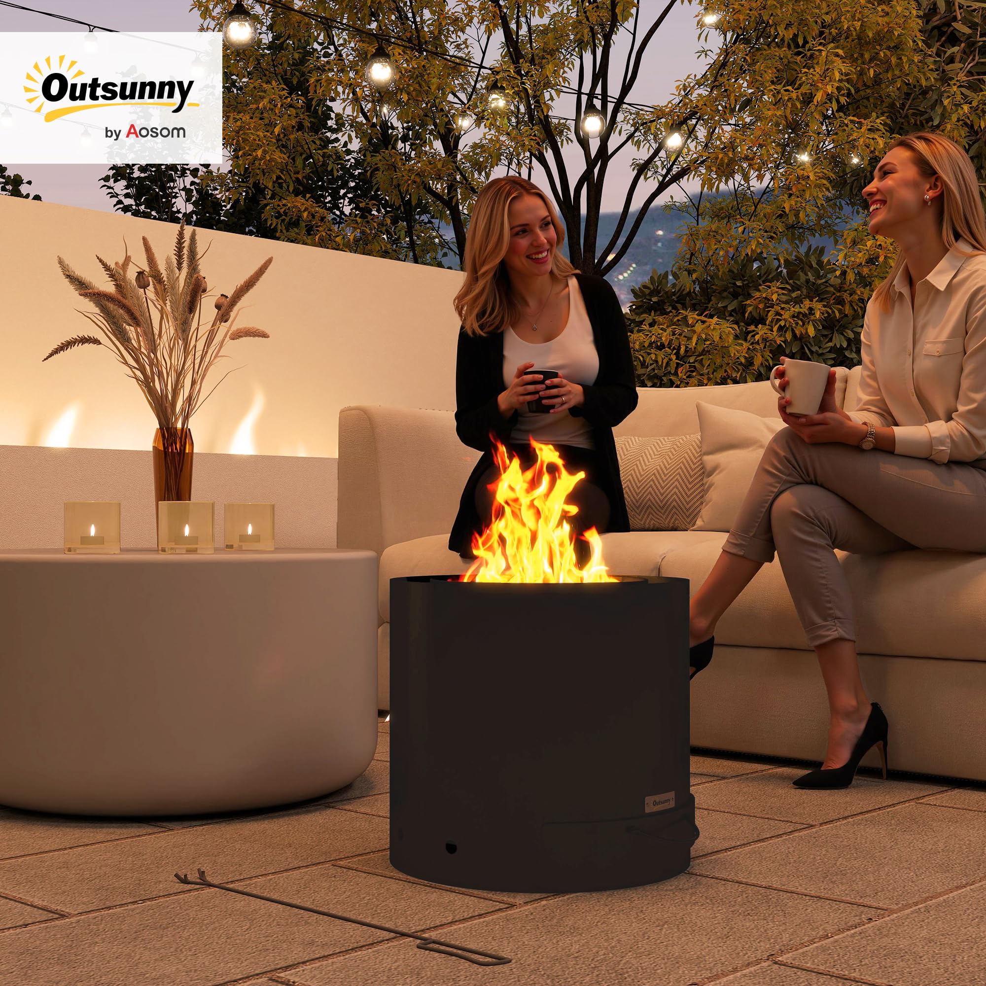 Outsunny Brasero Exterior Redondo Ø45x42 cm de Acero Brasero Exterior Jardín con Bandeja para Cenizas y Atizador Protector de Chispas para Terraza Camping Fiesta Negro