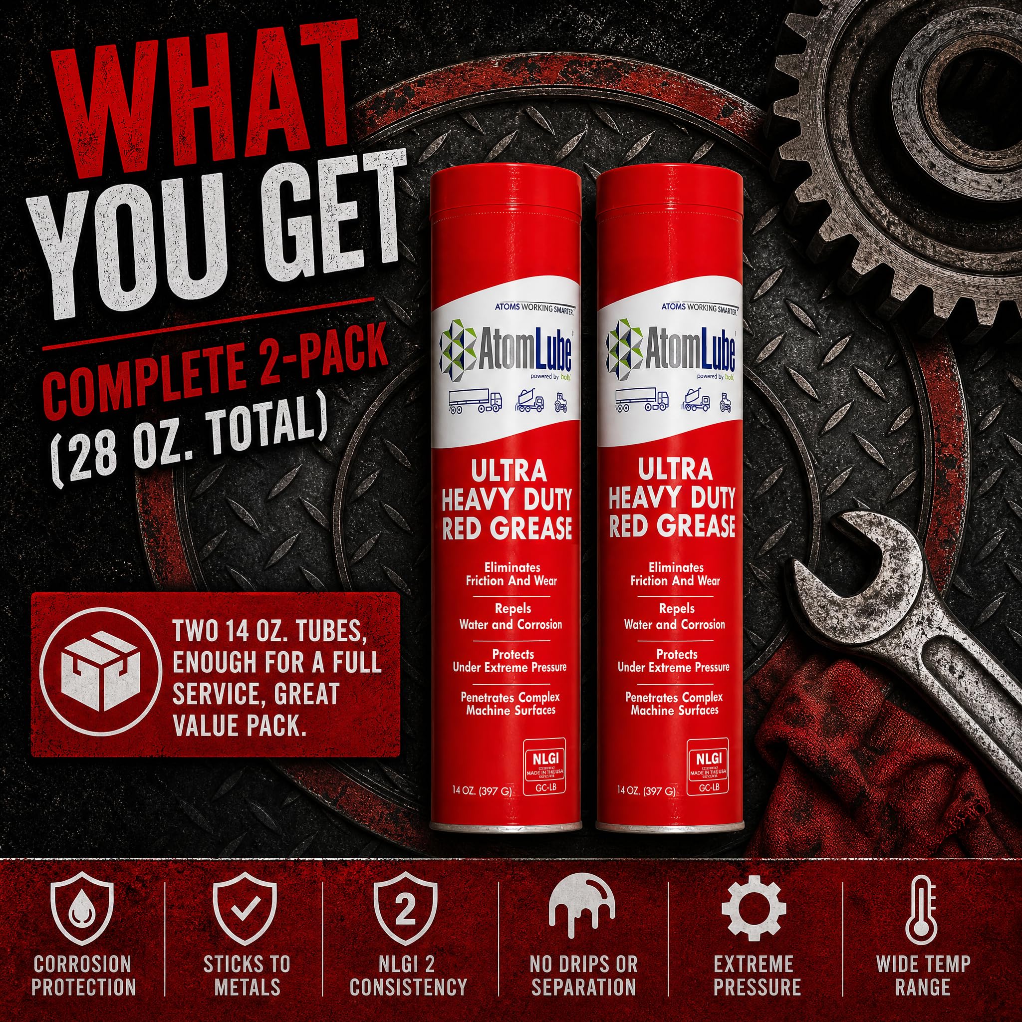 AtomLube Ultra Heavy Duty Red Grease | wodoodporne rury do smarowania i smarowania o wysokiej tempie do powierzchni metalowych, smar do akcesoriów do ciężarówek, 2 sztuki po 14 uncji