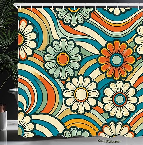 Ambesonne Cortina de ducha hippie, flores de aspecto de margaritas en estilo abstracto Groovy Waves Retro 60s 70s, juego de decoración de baño de