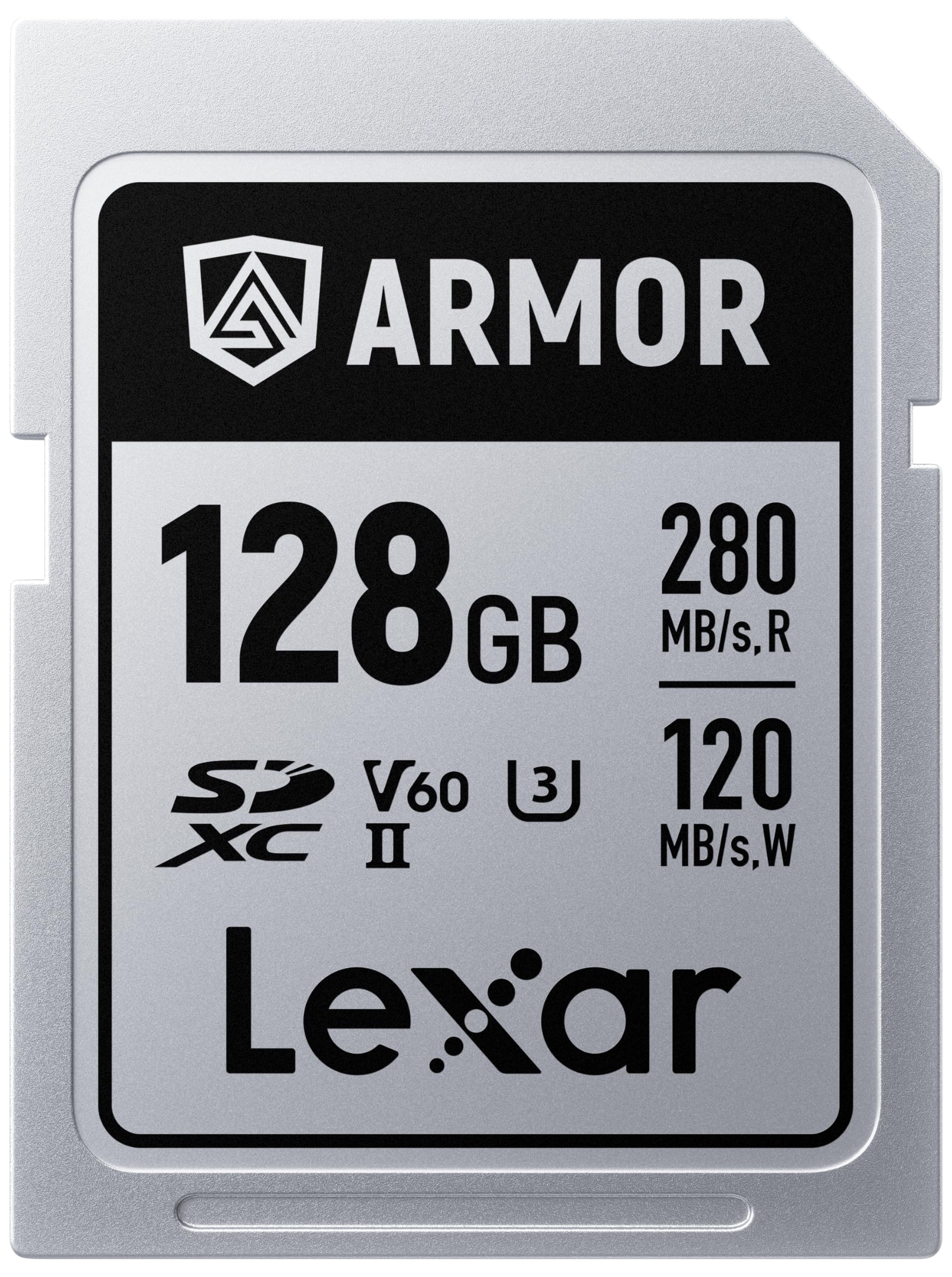 Lexar Tarjeta de Memoria Armor Silver Pro SDXC de 128 GB, UHS-II, C10, U3, V60, 6K UHD, hasta 280 MB/s de Lectura, Acero Inoxidable, para fotógrafos Profesionales, videógrafos, entusiastas