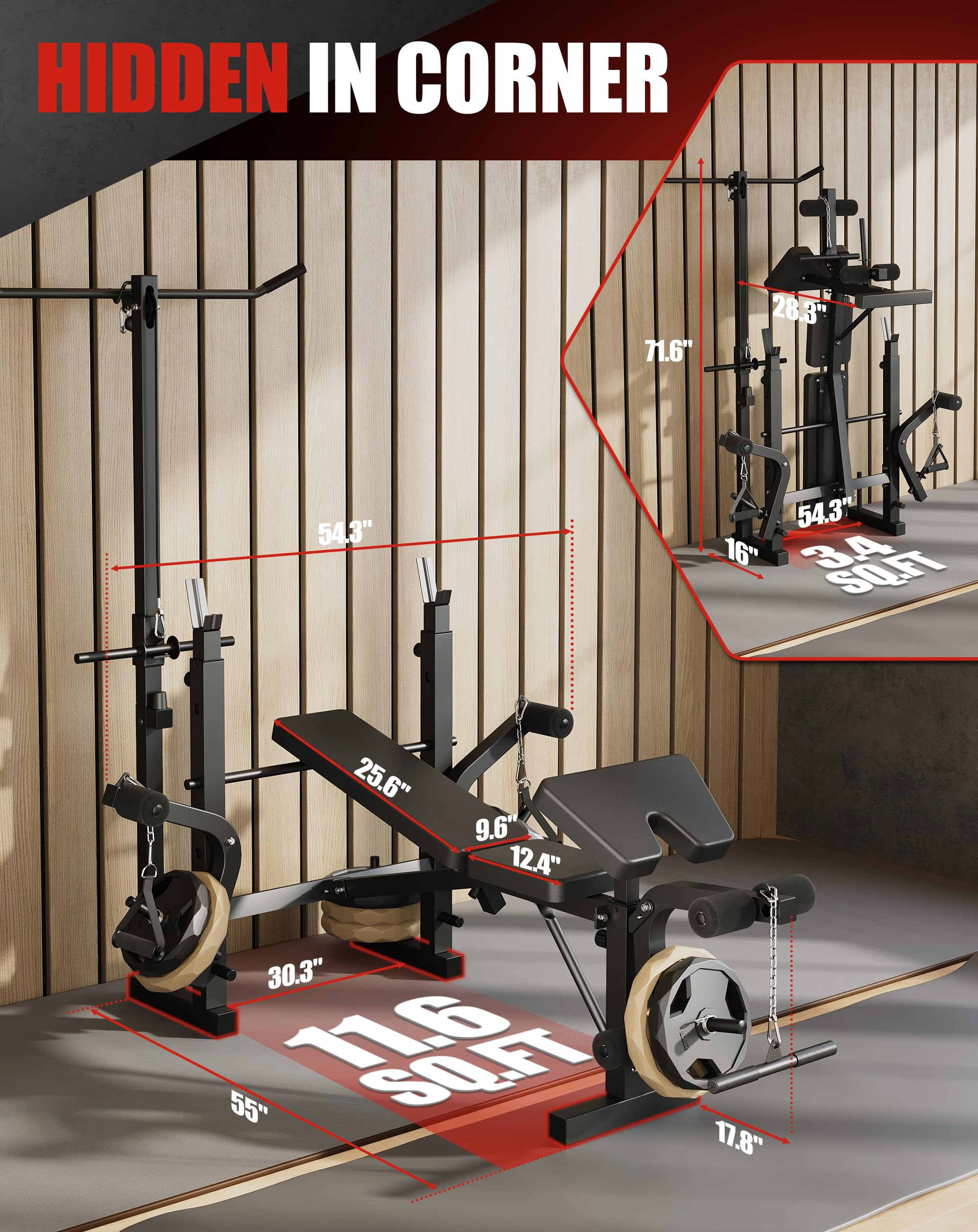 Banco De Pesas Ajustable 4 En 1 Para Gimnasio En Casa - Con Rack Para Barra, Extensión De Piernas, Pad Rizo Predicador y Articulación Mariposa - Plegable y Soporta 900 Lb Para Entrenamiento Completo