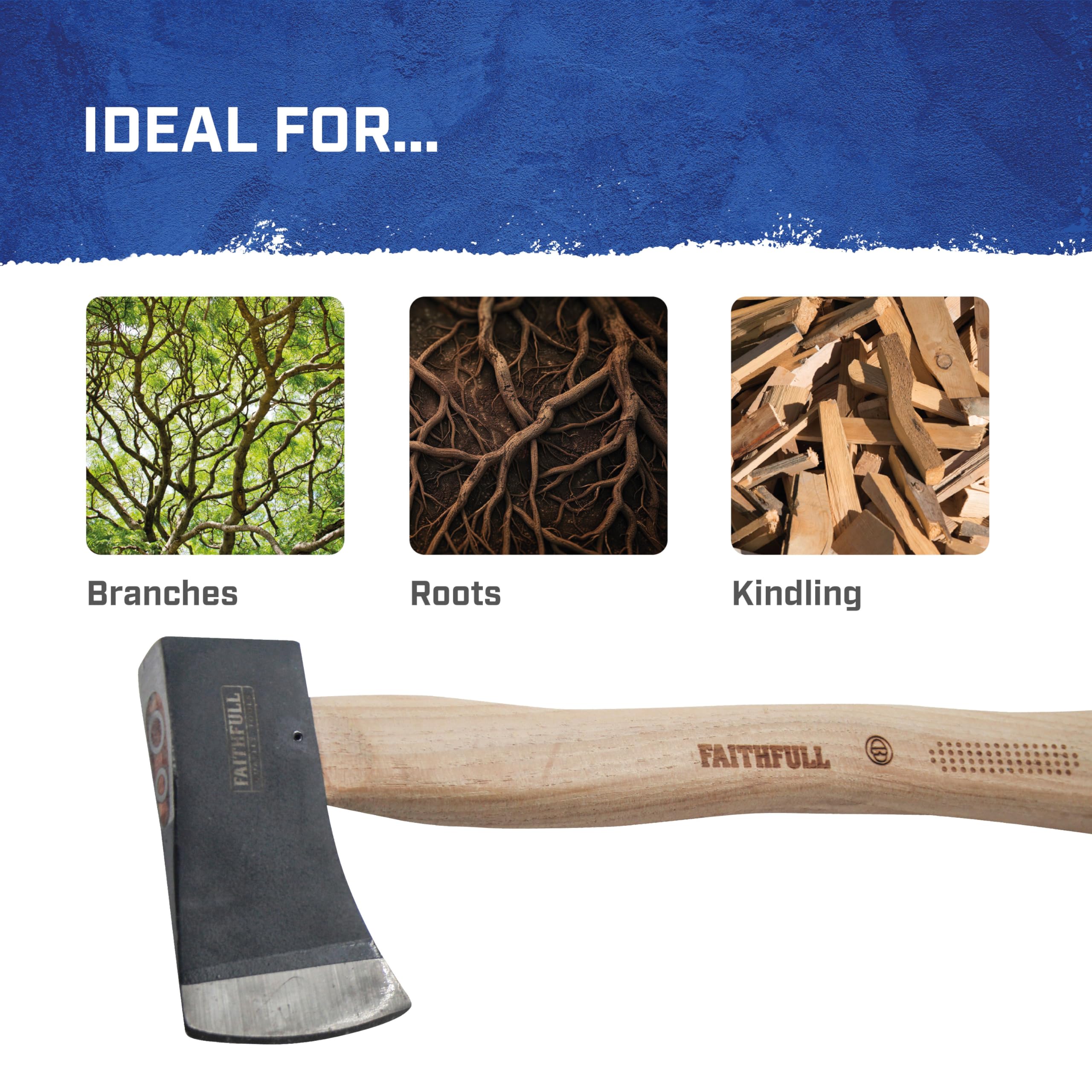 Accetta Faithfull manico hickory FSC testa acciaio carbonio temprato 567 g piccola ascia potatura rami taglio radici