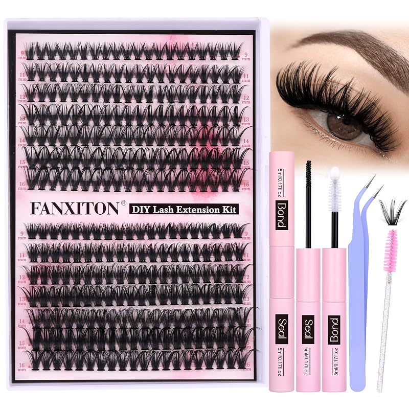 Kit FANXITON para Extensão de Cílios com Clusters Individuais, Curvatura D 40D+50D, 280 Unidades com Bond, Seal e Pinça