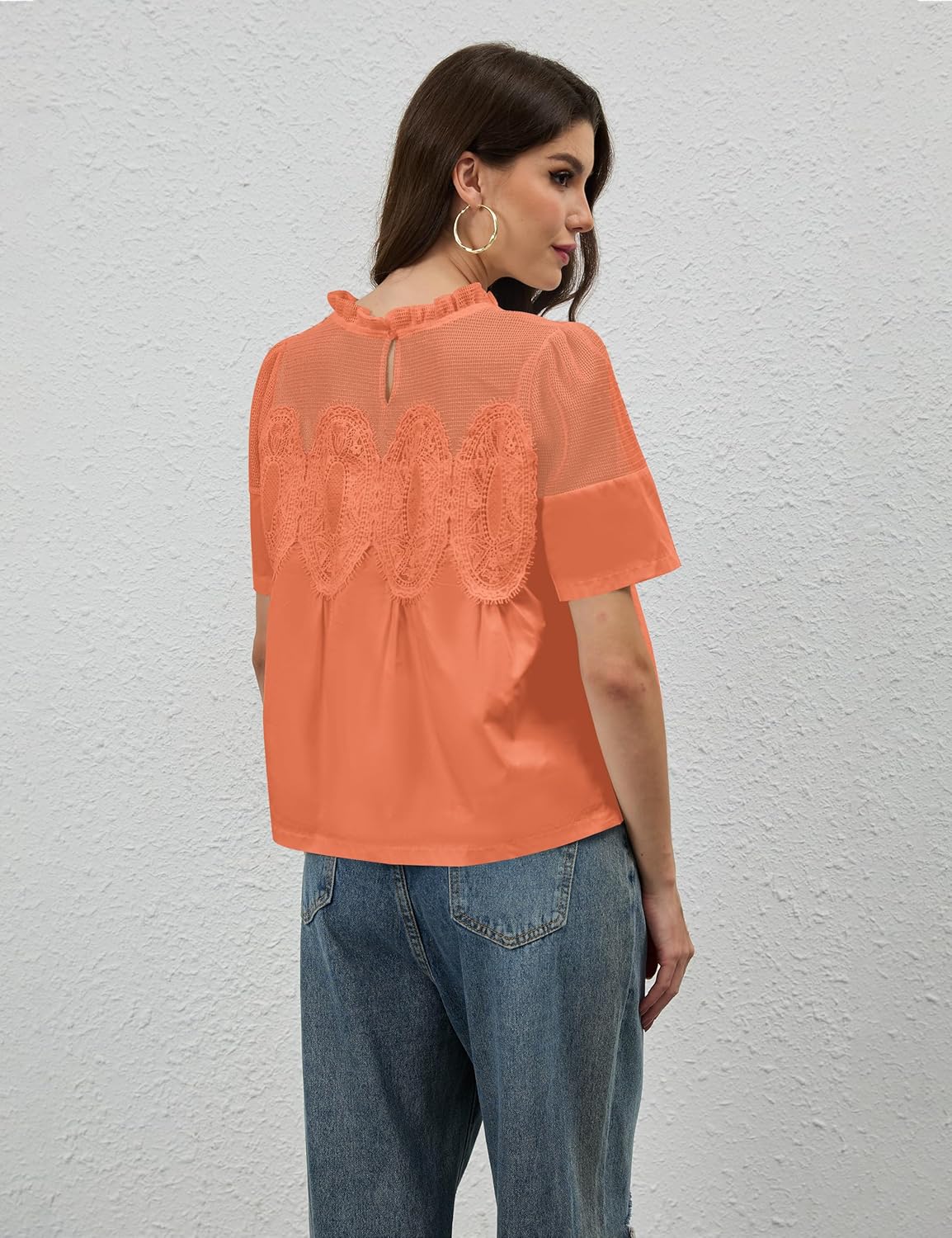 Women Lace Trim Blouse Mesh See Through Puff Short Sleeve Ruffle Pleated Shirts Mock Neck Summer Babydoll Tops - Image 4