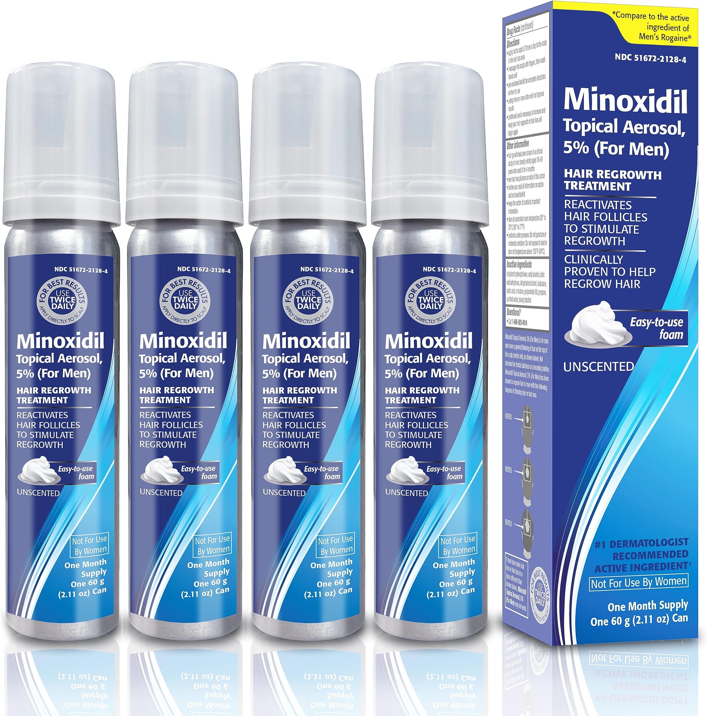 Minoxidil 5% Topical Aerosol Foam, Hair Regrowth 4 Months Treatment for Men, 2.11 oz (4 Pack)