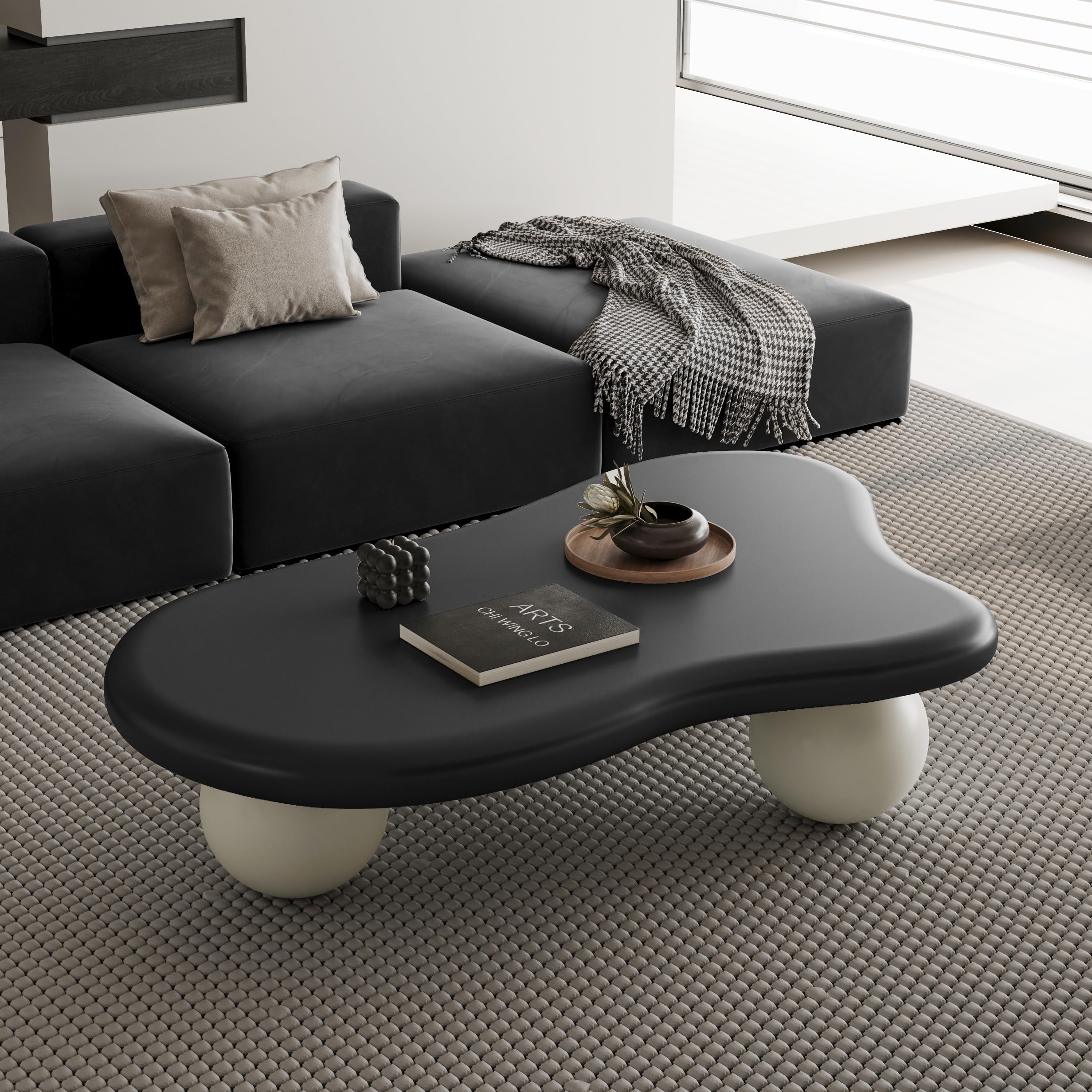 LUMISOL Cloud Coffee Table, 47 Inch Cloud Shaped Coffee Table with 3 Ball Legs, Irregular Cloud Shaped Center Table for Living Room, Black Top White Legs