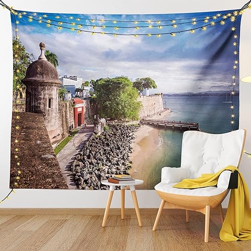 Lunarable Tapiz de Puerto Rico, área costera con edificios antiguos, temporada de verano, clima de cielos abiertos, foto pastoral, decoración de