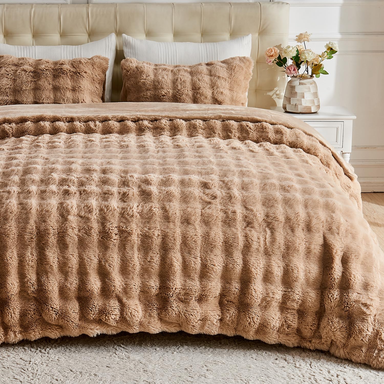 Lotus Karen Fluffy Comforter Cover Set-Rabbit Fluff Faux Fur Duvet Cover Queen Size,Coffee Plush Fuzzy Furry Bedding Sets 3Pieces(1 Duvet Cover & 2 Pillow Shams),Zipper Closure