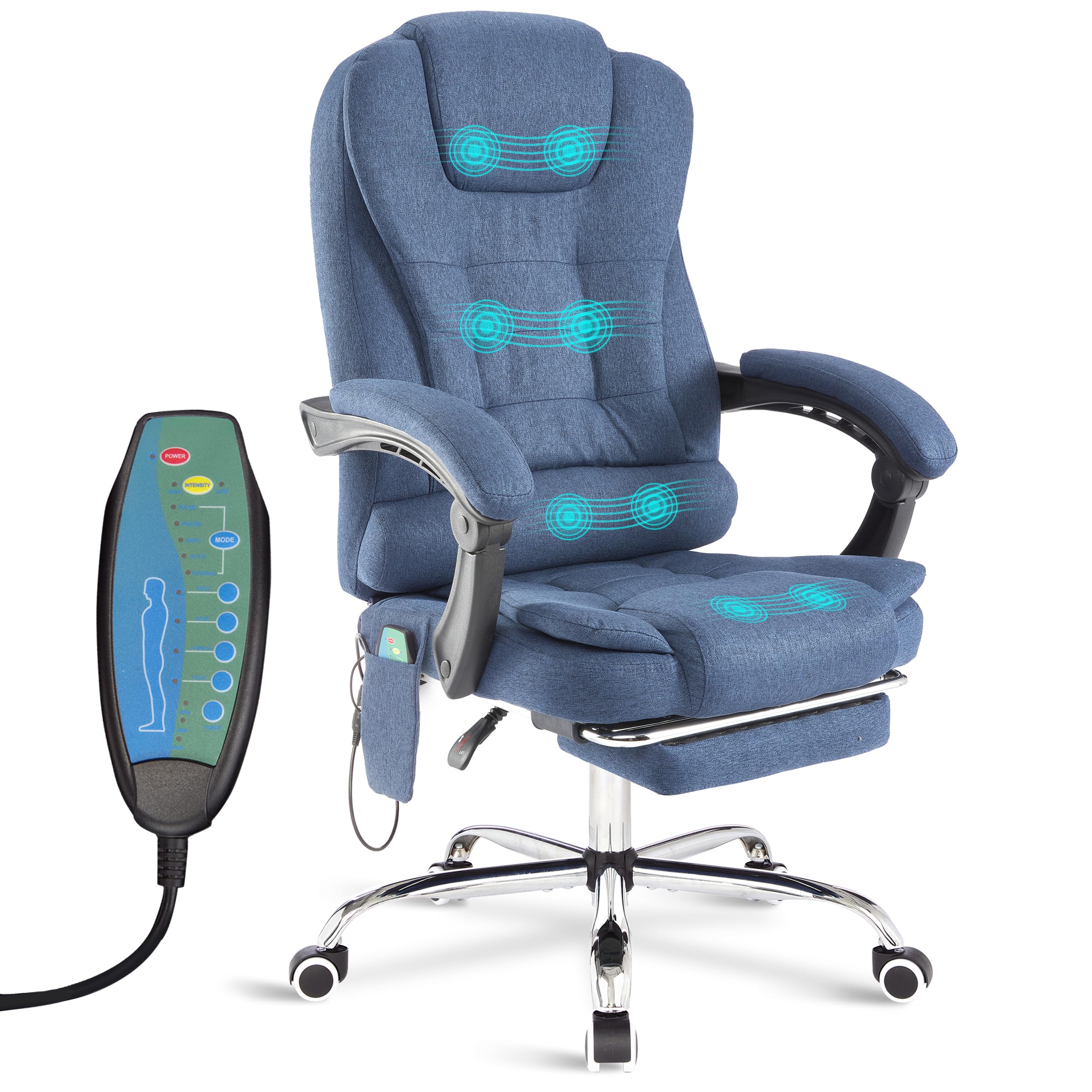 Blisswood Ergonomic Computer Chair with 8-Point Massage – Executive Manager Office Chair with Heated Lumbar Support, Swivel Base, Adjustable Height and Footrest for Home or Study Use - Linen (Blue)