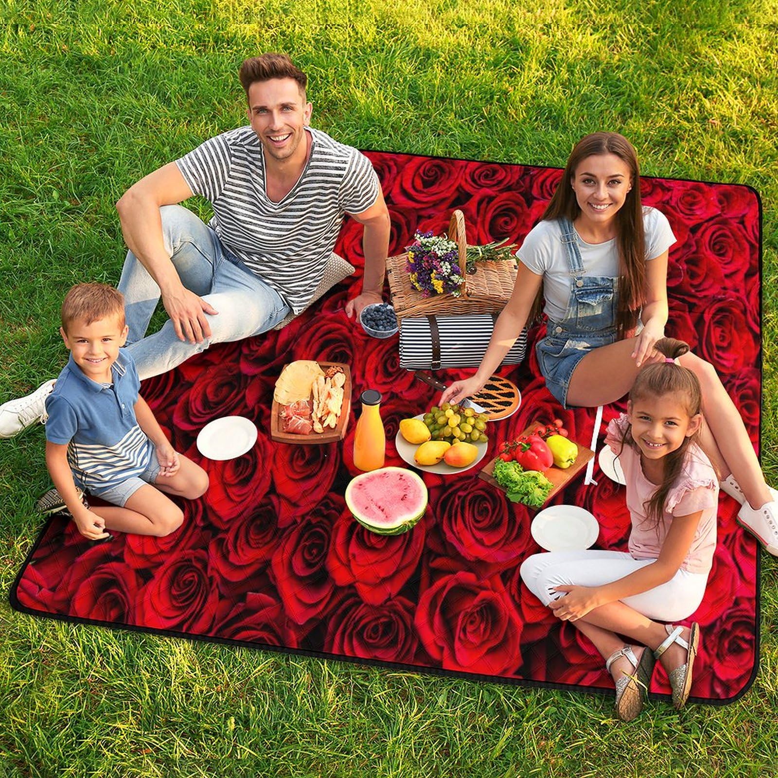 Belle couverture de pique-nique motif rose romantique avec sangle de transport pliable imperméable tapis de sable pour camping en plein air tapis de plage d'été 200 x 200 cm