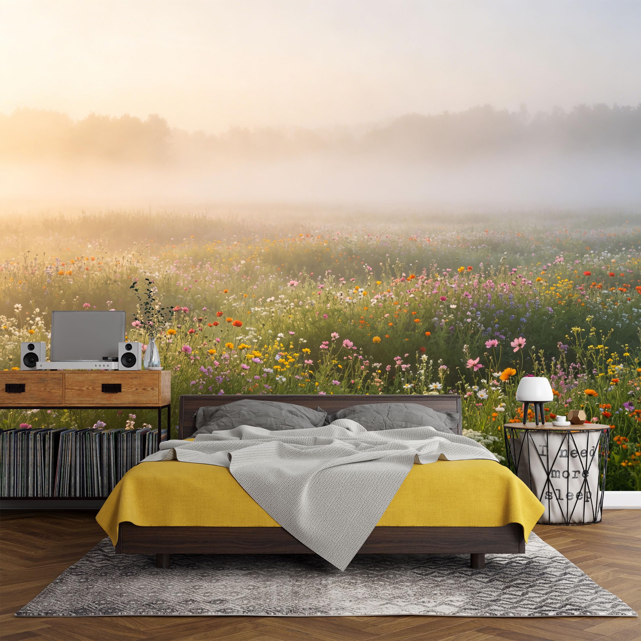 Custom Size Wall Mural， Botanical Wildflower Meadow Morning Mist Landscape，SelfAdhesive Art Prints wall Fabric (No PVC) Removable Wallpaper Living Room Decor