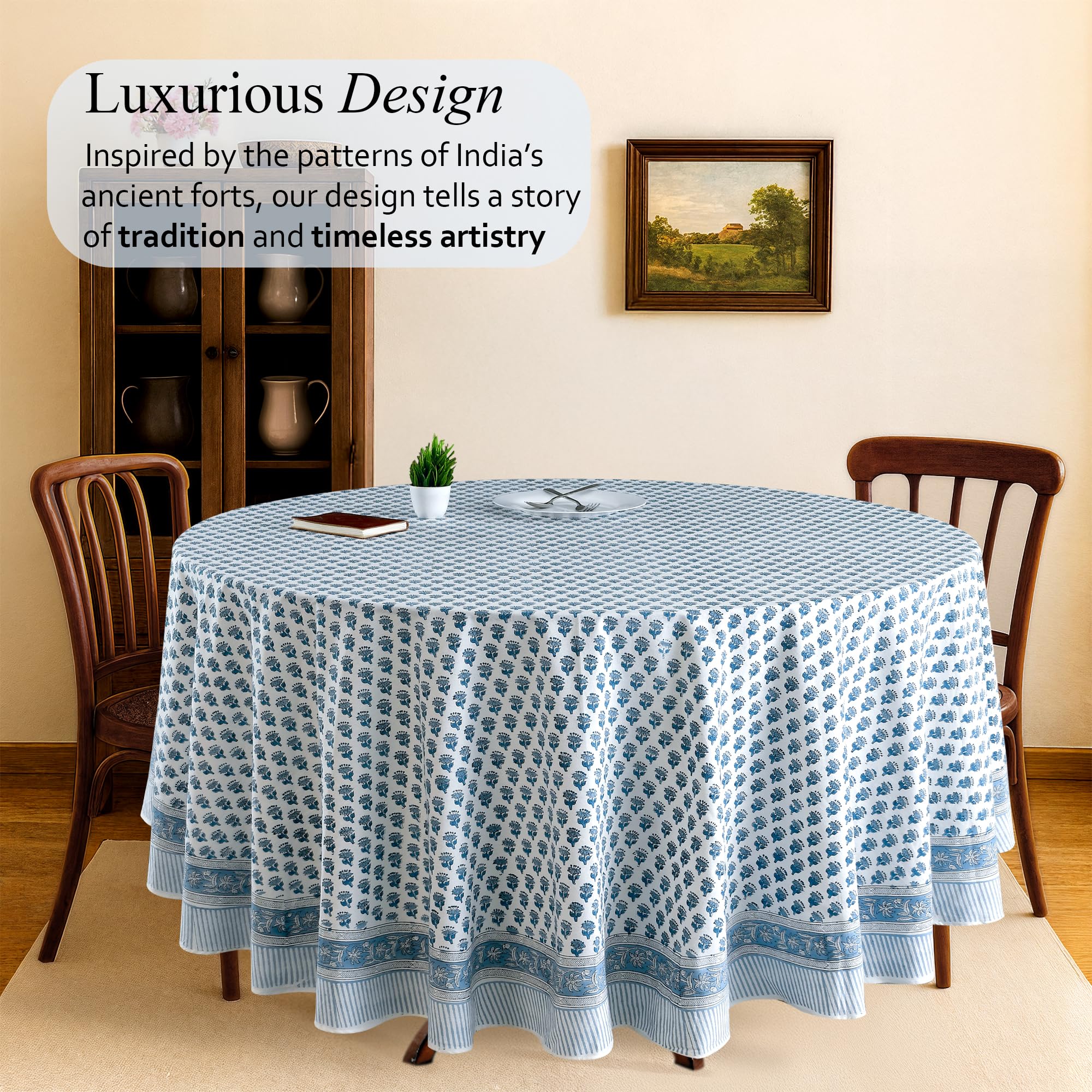 CPC Round Tablecloth- Cotton Indian Block Print Tablecloth -Handmade Printed Washable Cotton Table Cloth - Spring/Summer, Weding Table Cover - Apatite Blue 110 Inch