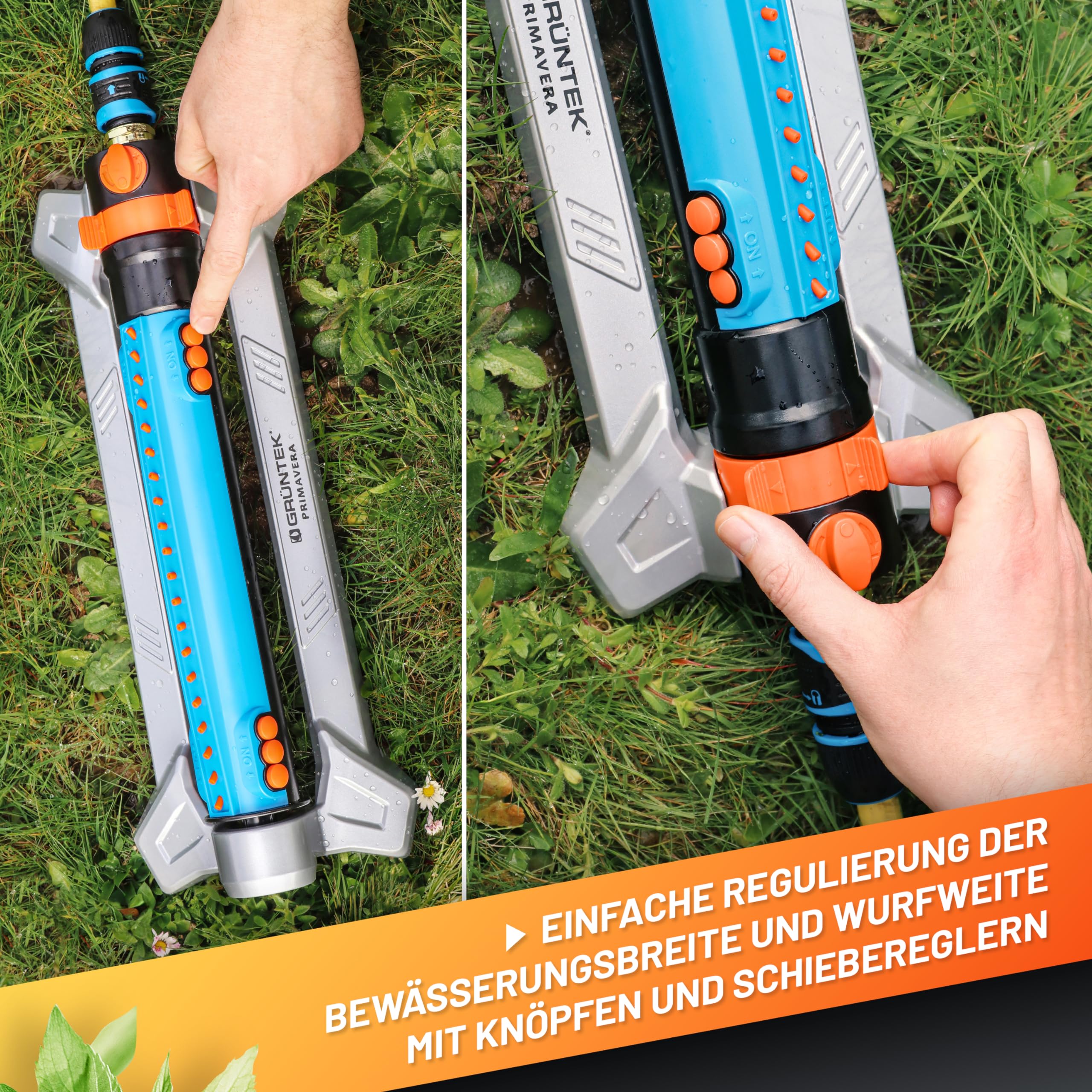 GRÜNTEK Metall Oszillations-Rasensprenger, Beregner mit flexiblem Bewässerungsbereich, Rasen-Sprenger, Sprinkler mit Turbo-Motor, bis 462 m²