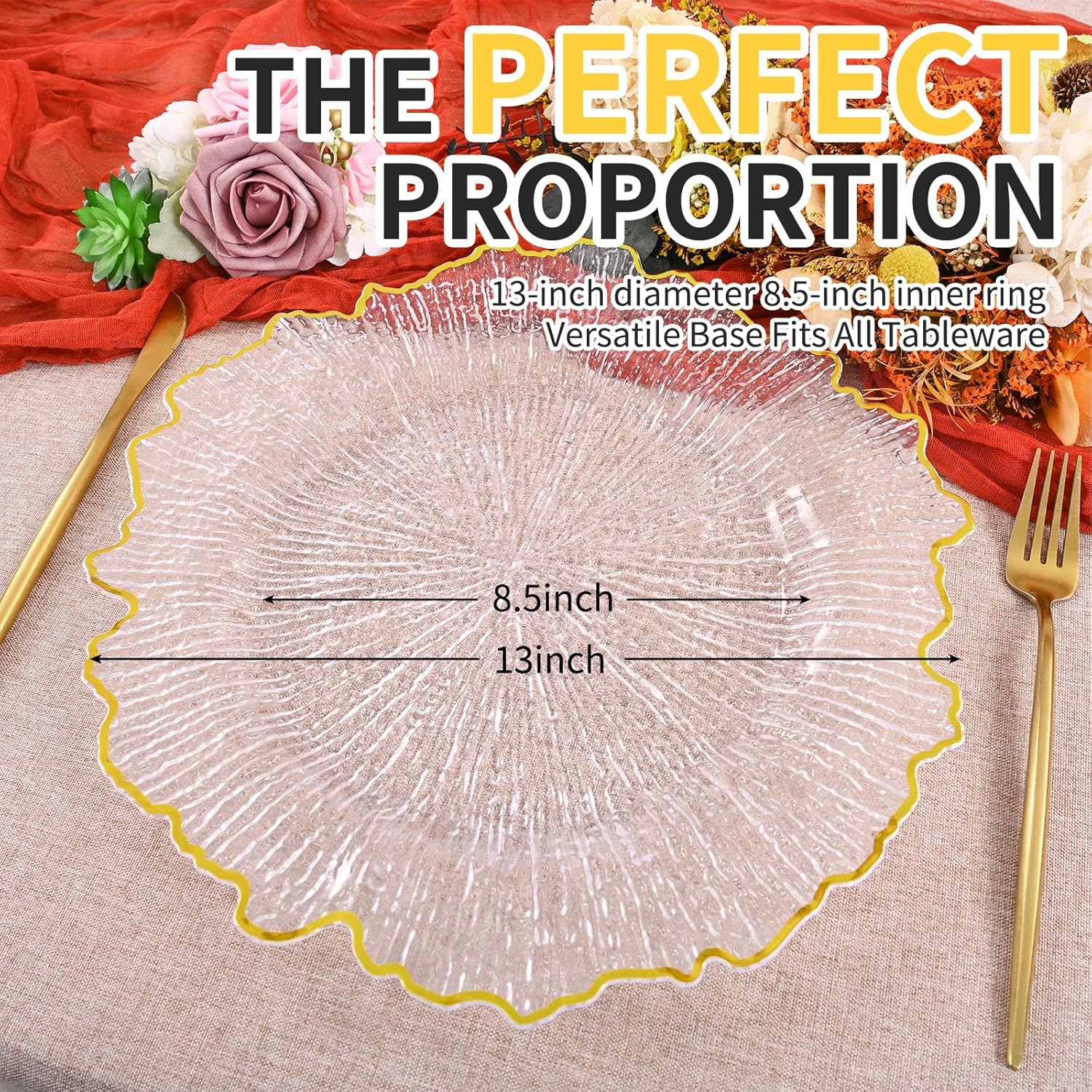 100Pcs Clear Charger Plates Bulk Wedding - 13" Premium Plastic Ruffled Gold Rim Chargers with Flora Reef Design，Decorative Dinner Charger Plates for Events & Parties