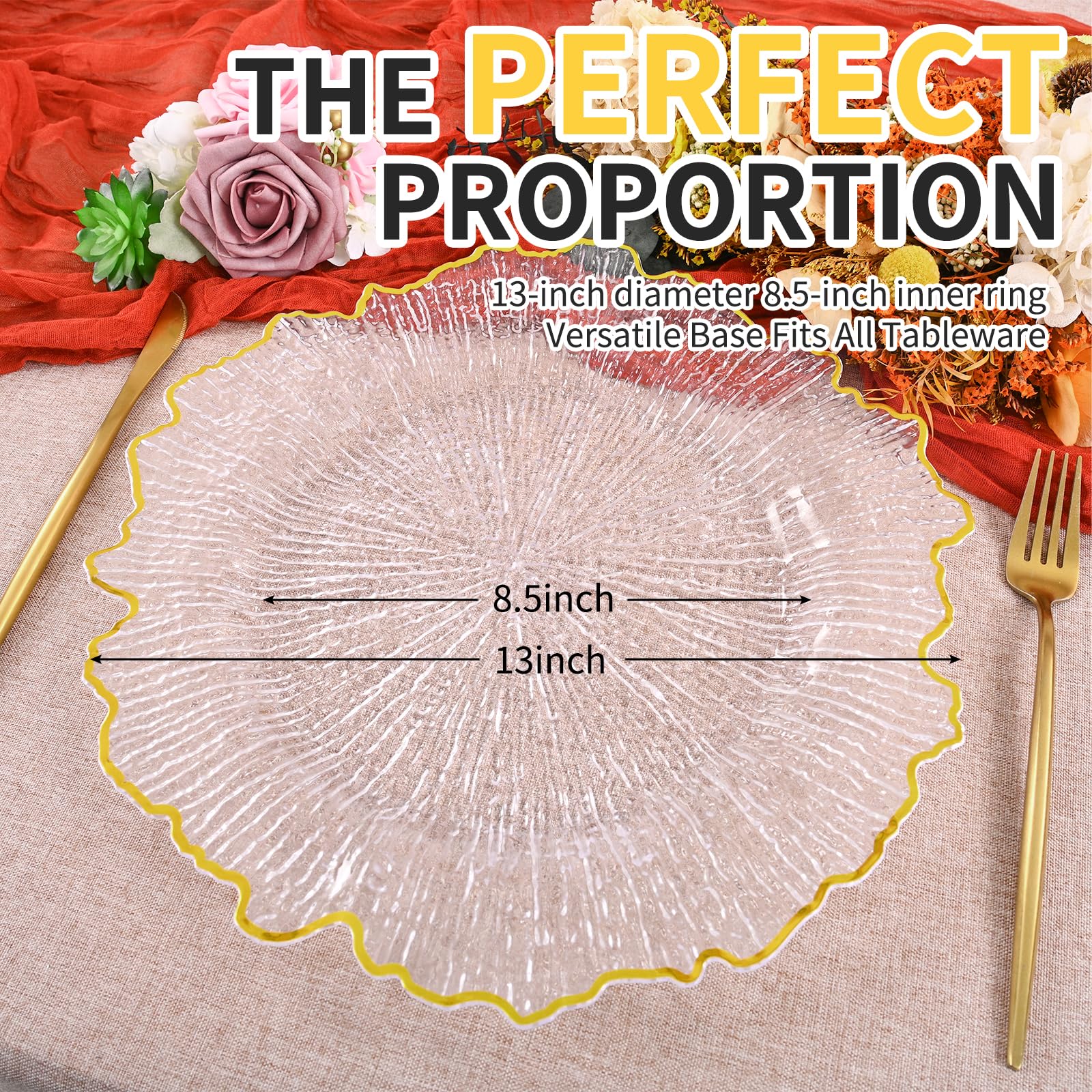 Lot de 10 assiettes transparentes en plastique de qualité supérieure pour mariage - 33 cm - Bord doré - Motif récif de flore - Assiettes décoratives pour événements et fêtes