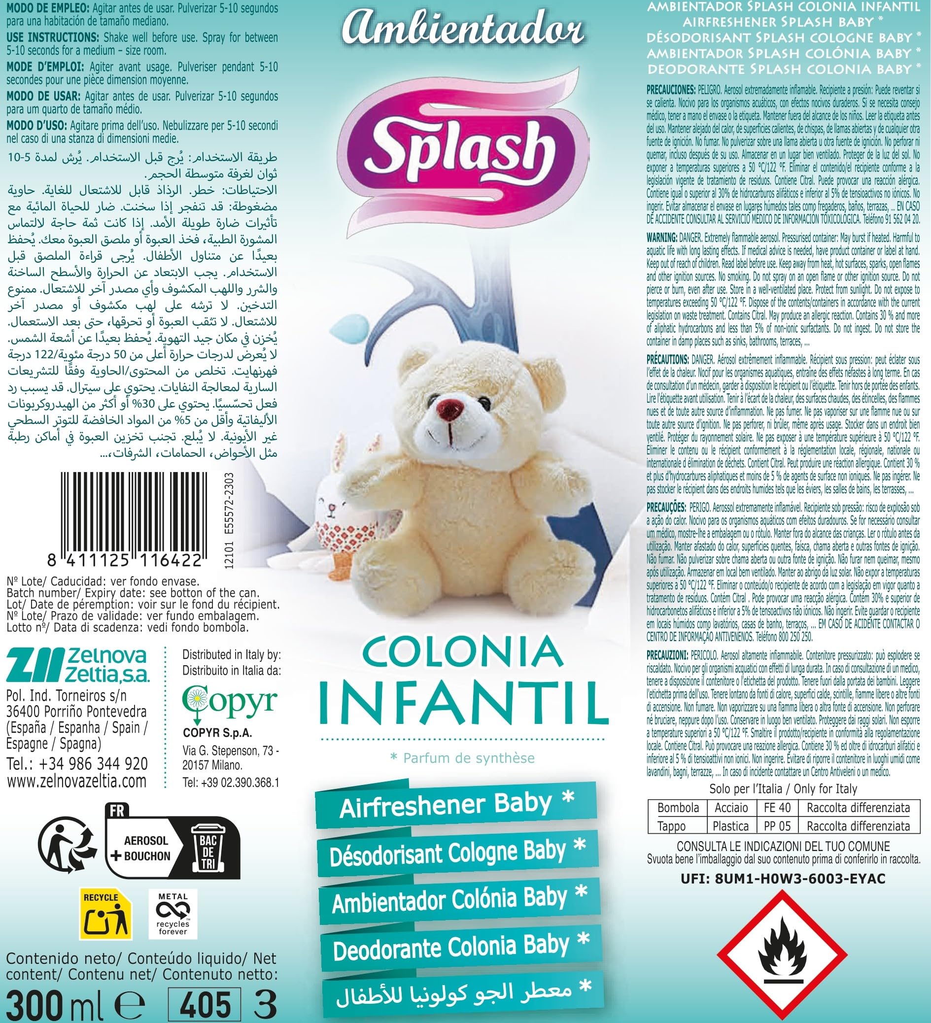 SPLASH | Spray Aromatizador | Ambientador Duradero, Refresca y Elimina Olores | Fragancia Fresca Colonia Infantil | Agitar Antes de Usar | 300 ml