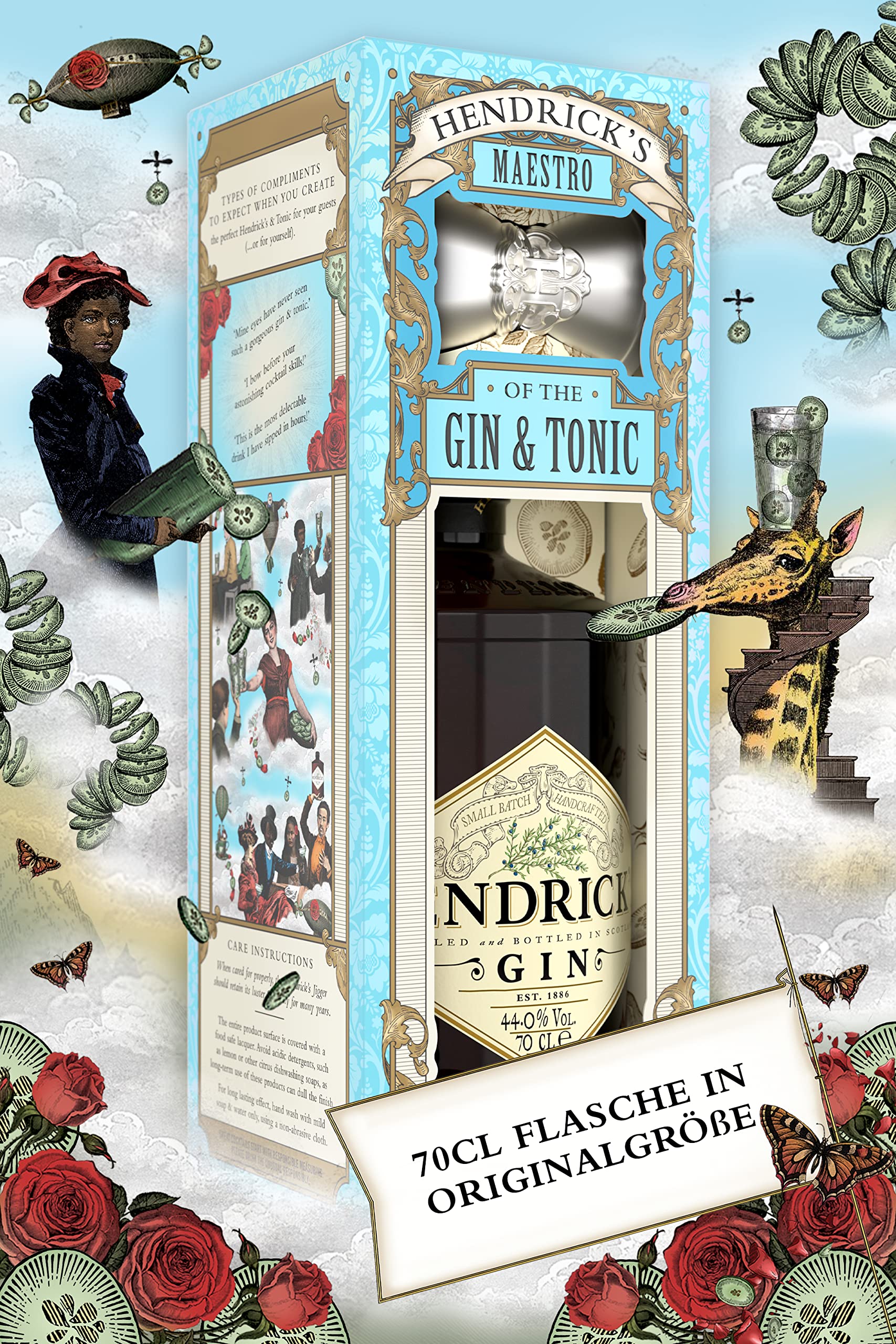 HENDRICK’S Gin Geschenkset – Frisch, floral & außergewöhnlich – mit Rosen- & Gurkenessenzen – inkl. Barmaß – perfektes Set für Gin & Tonic – 44% vol. - 0,7 l