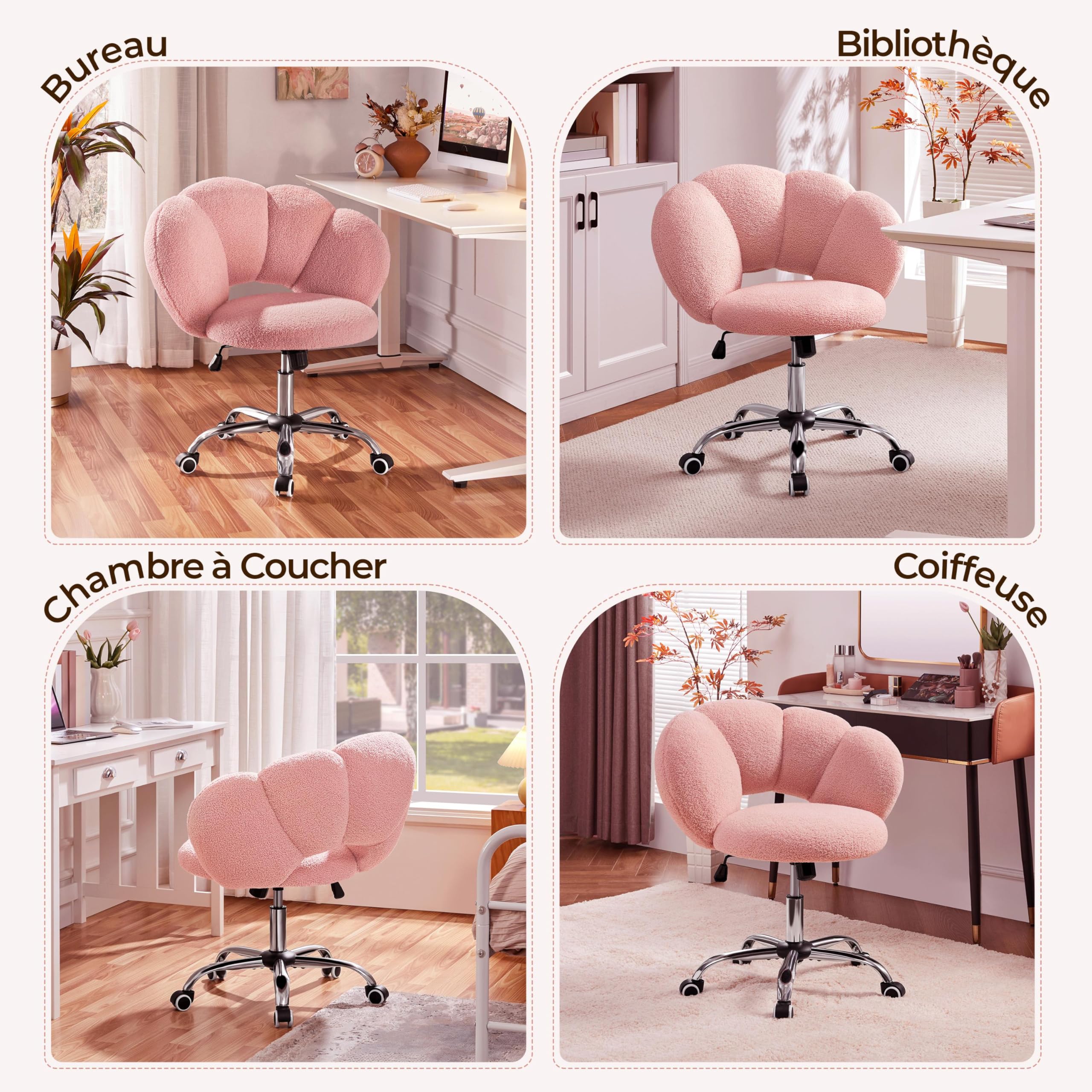 Yaheetech Poltrona da ufficio, sedia girevole ergonomica, schienale comfort in nuvola, regolabile in altezza, carico 136 kg, per soggiorno, camera da letto, ufficio, rosa/ricci