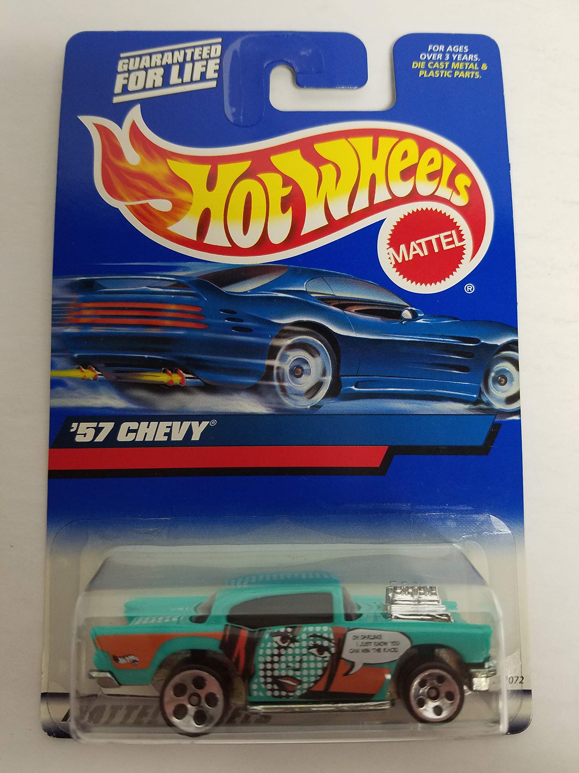 Front view of the Hot Wheels '57 Chevy Virtual Collection diecast car in its original packaging.
