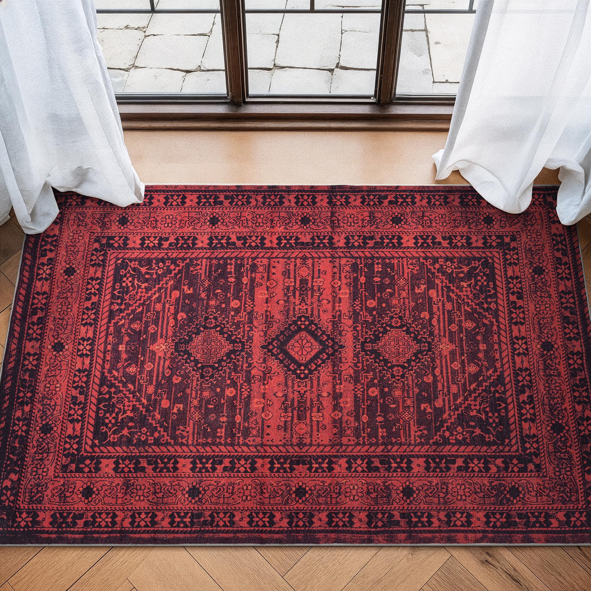 Bloom Rugs Washable Non-Slip 3' x 5' Rug - Red Traditional Bordered Area Rug for Living Room, Bedroom, Dining Room, and Kitchen - Exact Size: 3' x 5'