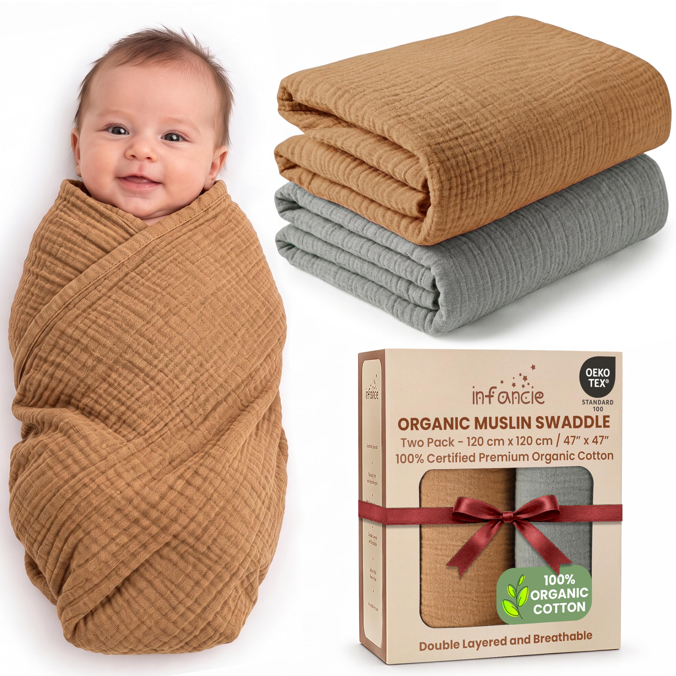 Infancie Men's Gold/Sage 100% Organic Cotton Muslin Baby Blanket Swaddle 120X120cm Newborn Gift | Oeko-Tex Certified - Hypoallergenic, Breathable, Machine Washable - Swaddle, Stroller Cover Or Play Mat