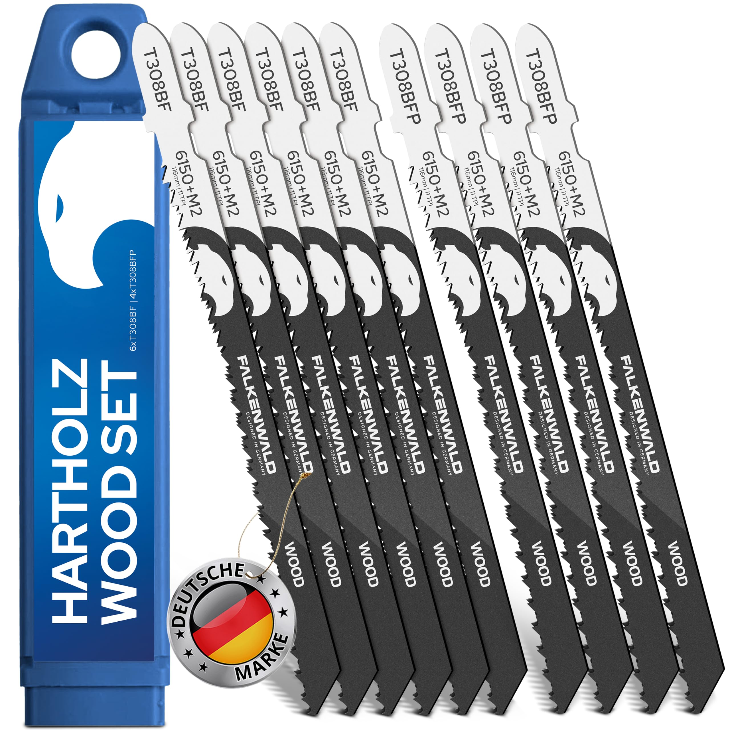 FALKENWALD Stichsägeblätter Holz Set 10tlg - 6x T308BF + 4x T308BFP | Stichsägeblätter Holz für saubere Kanten - Hartholz, Weichholz, Laminat, Parkett & Multiplex