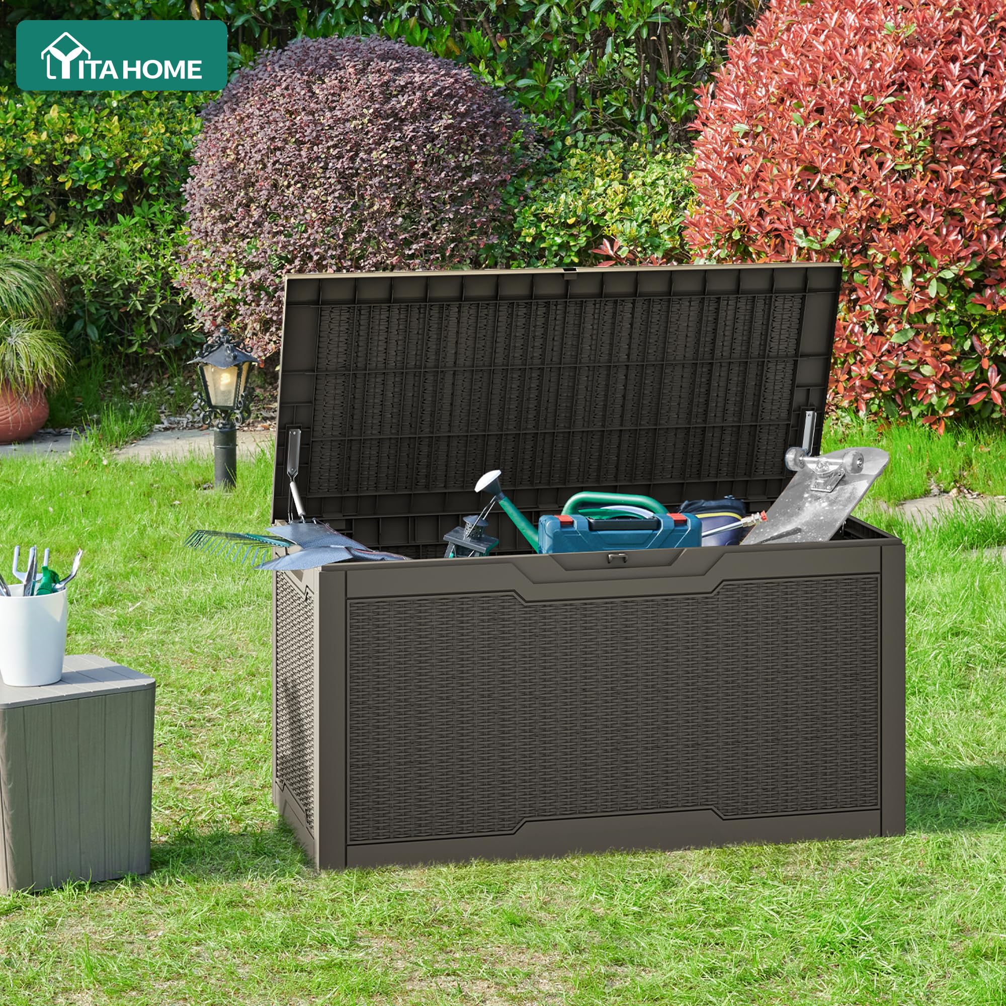 YITAHOME 380L Grande Caja de Almacenaje de Jardín, Resina Arcón de Ordenación Exterior para Muebles de Patio