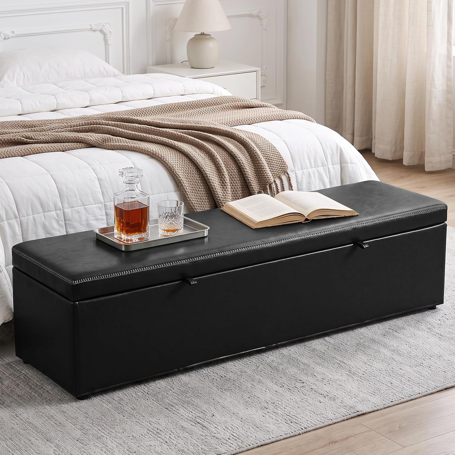 Vabches 65" Storage Ottoman, Storage Bench for Bedroom, Faux Leather End of Bed Bench, Entryway Bench Seat with Metal Frame, Large Storage Ottoman Bench for Living Room, Bedroom, Black