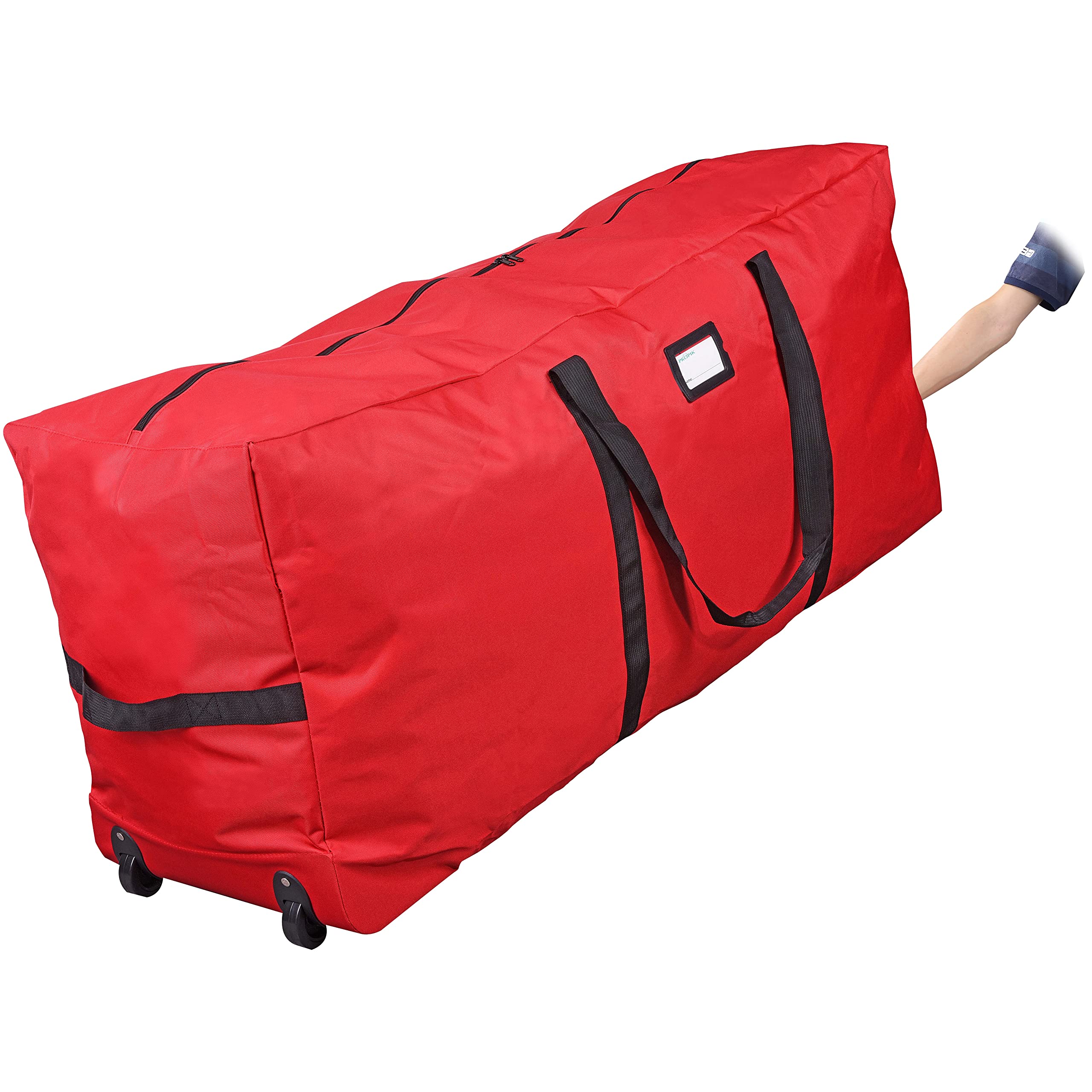 ProPik Holiday Rolling Tree Storage Bag | Fits Up to 6 ft. Tall Disassembled Christmas Tree | 22"x16"x 50" | Large Heavy Duty Xmas Storage Container with 2 Wheels & Handles | 600D Oxford (Red)