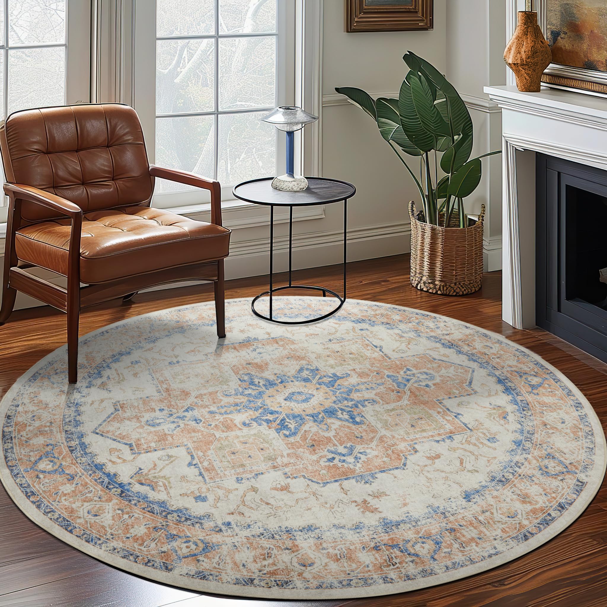 jinchan Kelda Round Rug 7ft Washable Area Rug Indoor Vintage Bedroom Floor Cover Distressed Circle Mat 7' Round Lightweight Non Slip Low Pile Thin