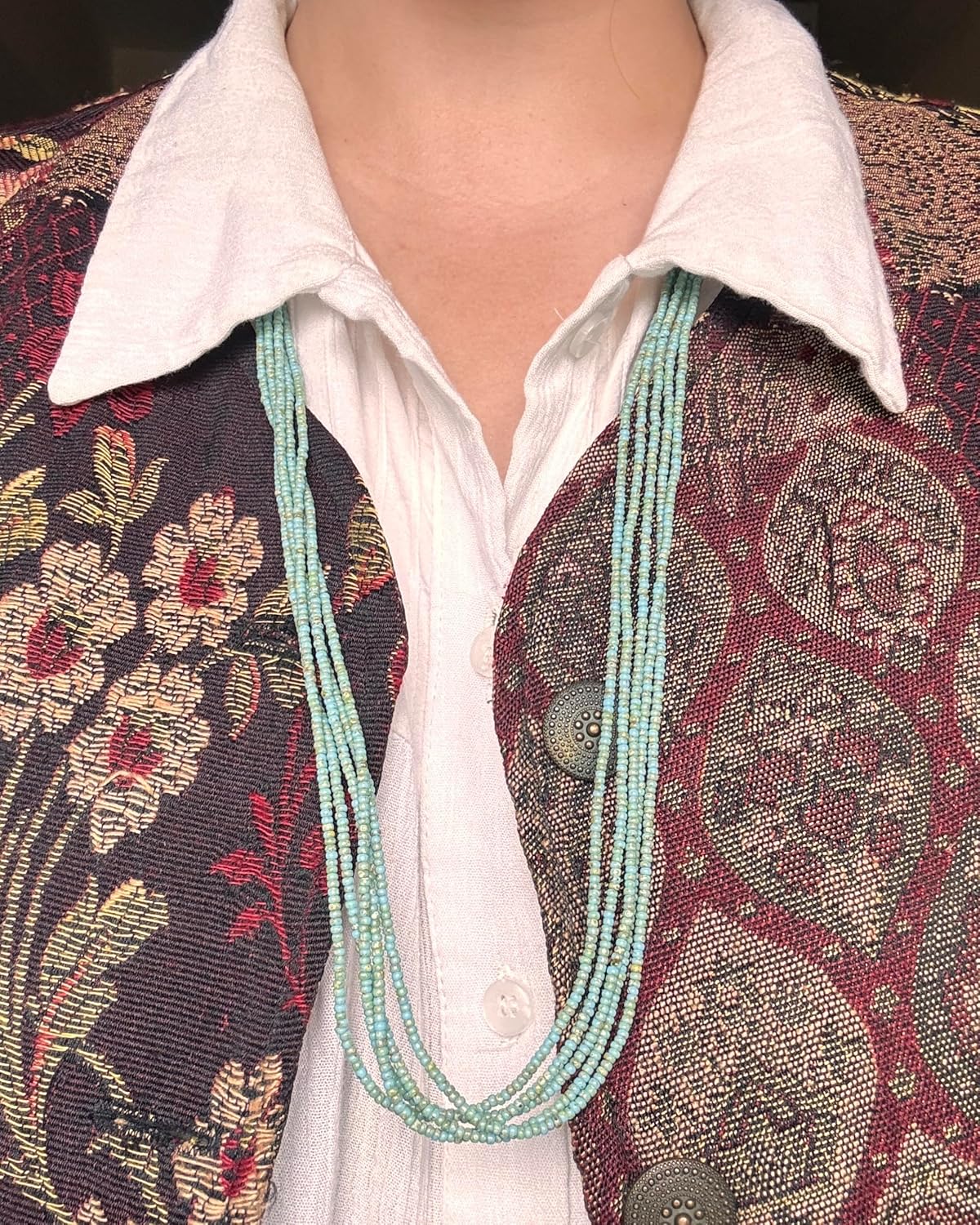 Handmade Boho Long Necklace for Women, Multi-Strand Colorful Glass Bead Necklace with Macrame Handwoven Cord, Bohemian Earthy Tribal Native Style Statement Jewelry