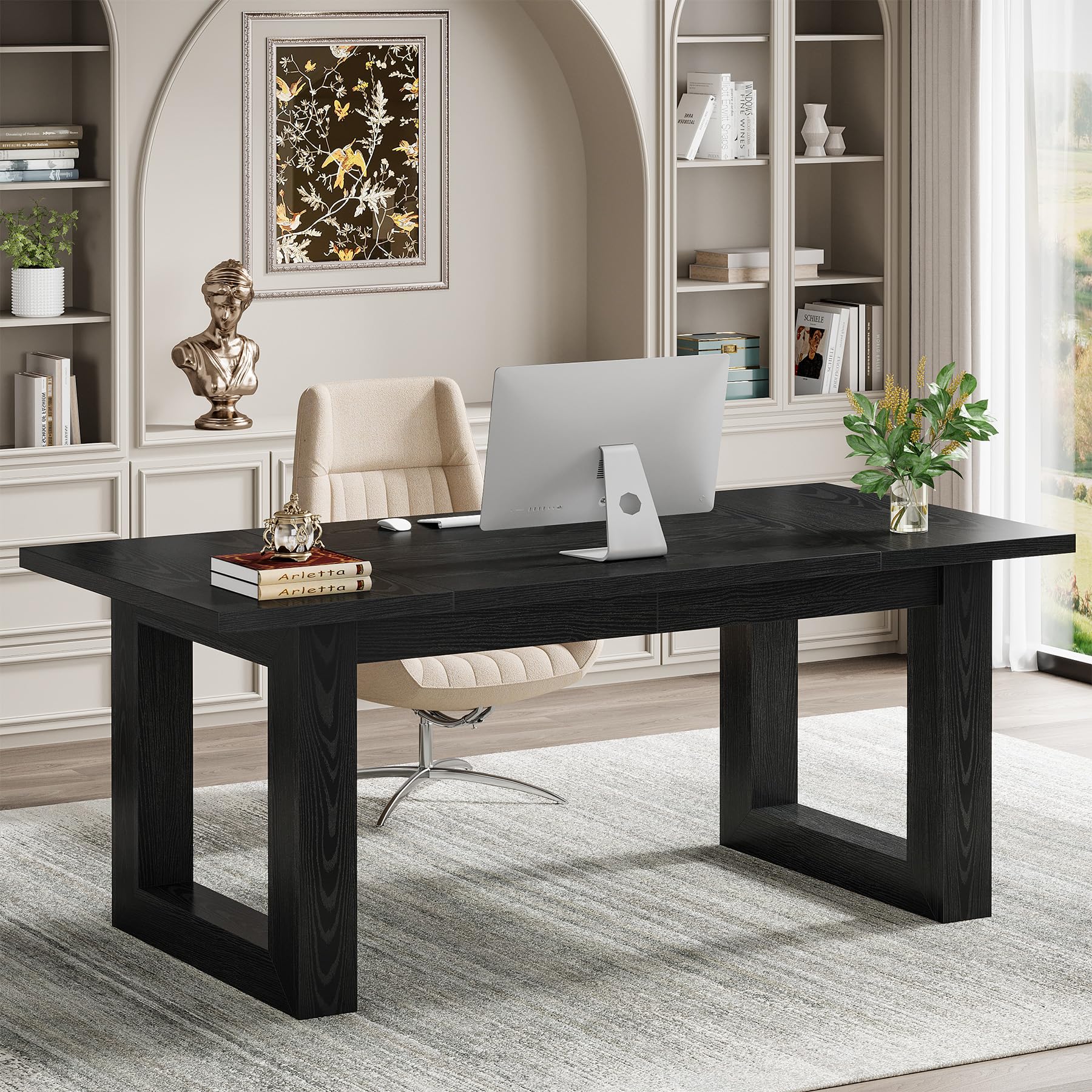 tribesigns 63-inch executive desk, modern wood office desk, large computer table with solid wooden base, work desk for home office (black)