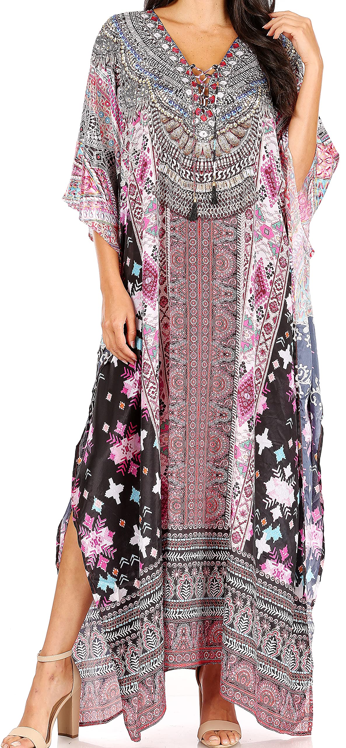 Sakkas Yeni Women's Short Sleeve V-Neck Summer Floral Long Caftan Dress Cover-up