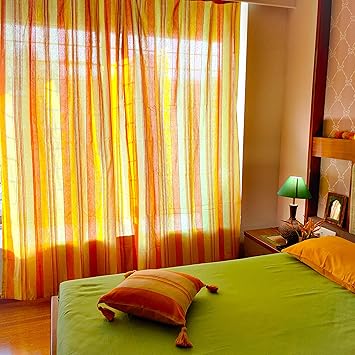 RANGBHAR Handloom Cotton Curtains For Doors And Windows With Eyelets, Striped, Yellow, 4 X 7 Ft, Pack Of 2(Stainless Steel Eyelets)