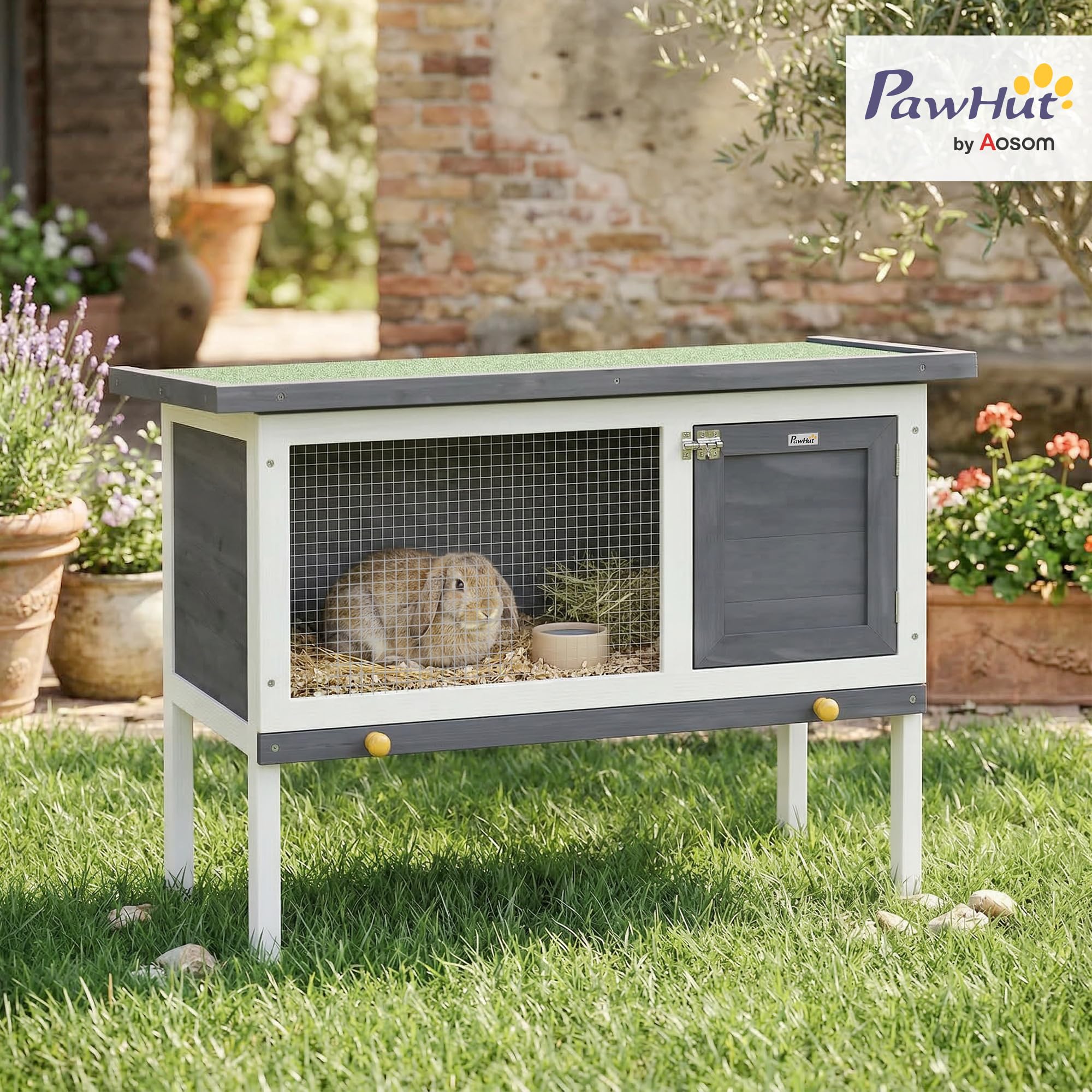 PawHut Conejera de Madera, Jaula para Conejos Medianos con Techo Asfáltico Abatible, Bandeja Extraíble, Puerta con Pestillo, Conejera Elevada Exterior, para Cobayas y Chinchillas, 90x45x65 cm, Gris — view 2