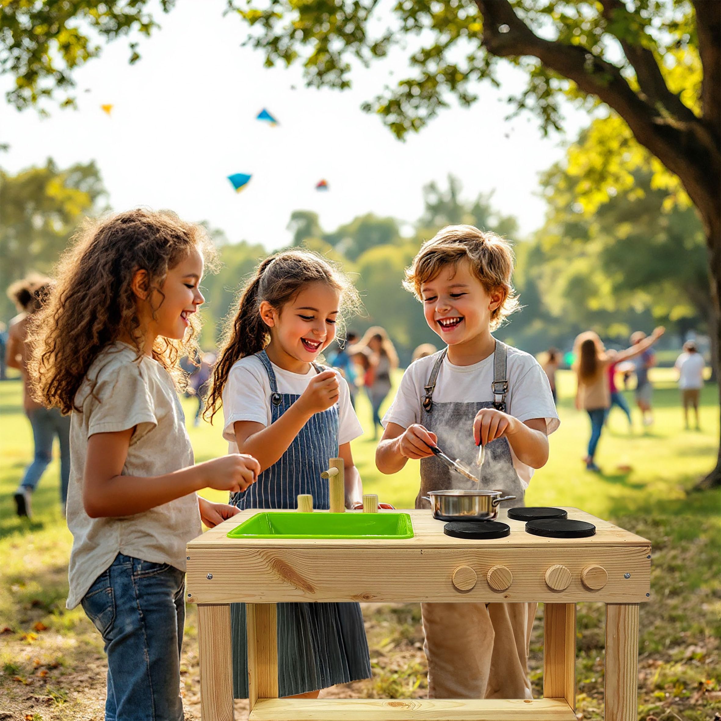 Giocattolo da cucina in legno per bambini – 72 cm – Cucina giochi con lavabo e piani cottura – Giardino per bambini cucina sabbia giardino cucina giocattolo per esterni