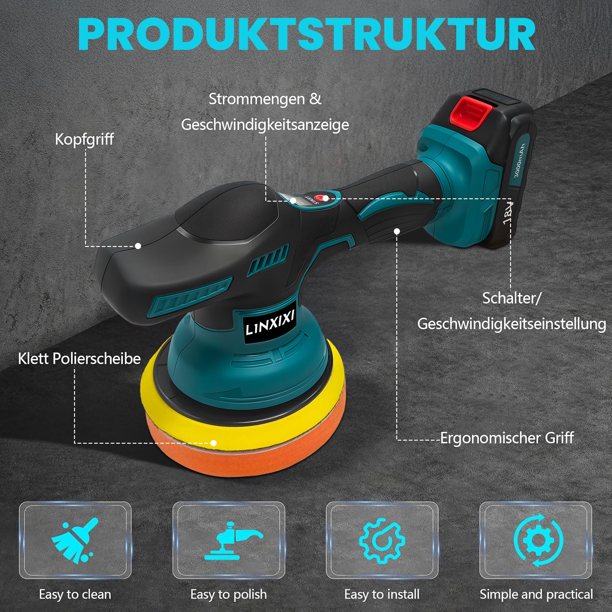 Poliermaschine Auto für Makita 18V-Akku, 6 Zoll Orbital Auto Politur mit 8 Variablen Geschwindigkeiten,27pcs Auto poliermaschinen Set, für Polieren/Wachsen/Autodetaillierung (ohne Akku)