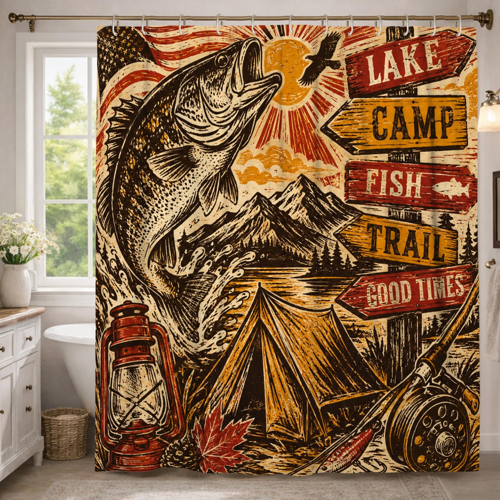 Rideau de douche extra long 183x243 cm en polyester imperméable style lanterne rustique