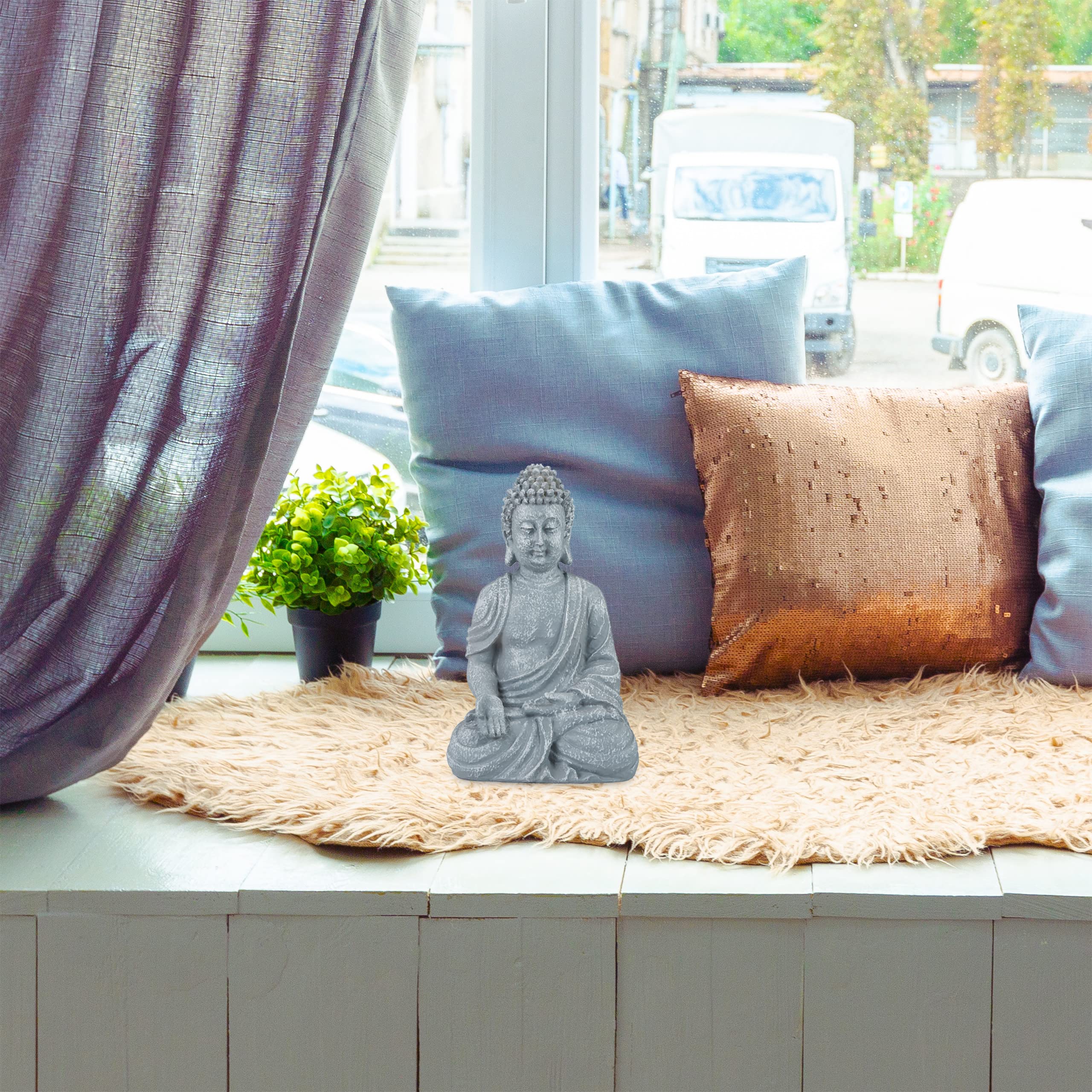 Relaxdays Estatua Buda Sentado, 30 cm, Figura Jardín, Salón, Polirresina, Resistente a Intemperie y Heladas, Gris Claro