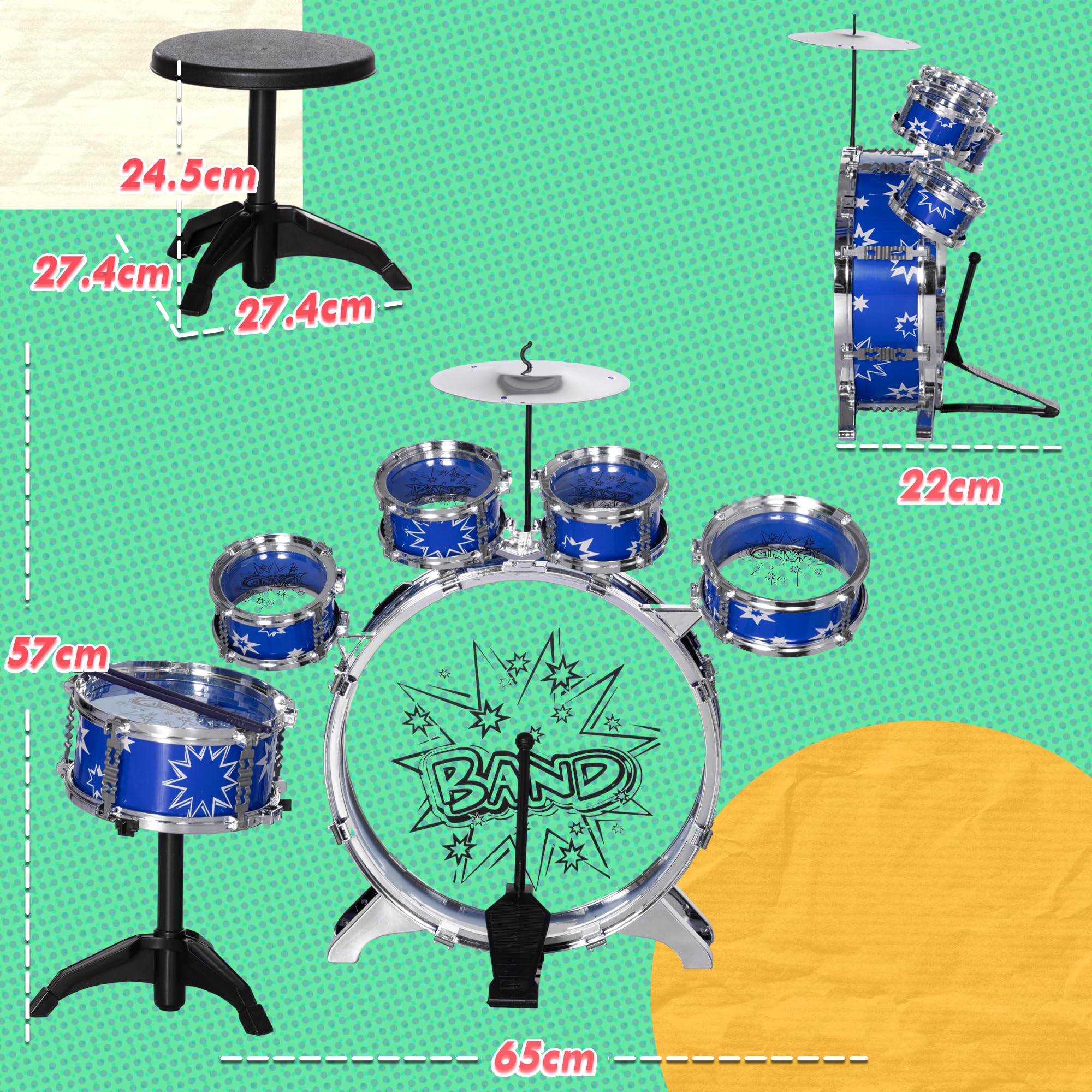 AIYAPLAY Set Batteria per Bambini con Grancassa con Pedale 3-6 Anni Blu | Gioco Musicale per Bambini, Tamburi Medi e Piccoli, Piatto, Sgabello
