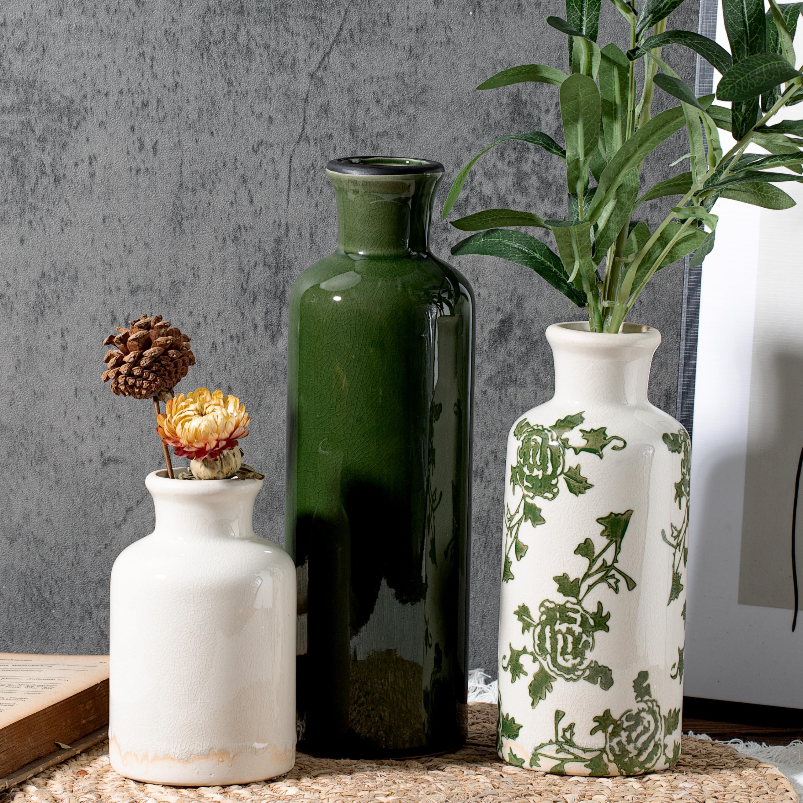 Set di 3 vasi vintage in ceramica di colore verde e bianco Riss Glasur, Chinoiserie Floral Dekor für Bauernhof Regal, Tisch Mittelstück, Mantel, Wohnzimmer & Büro