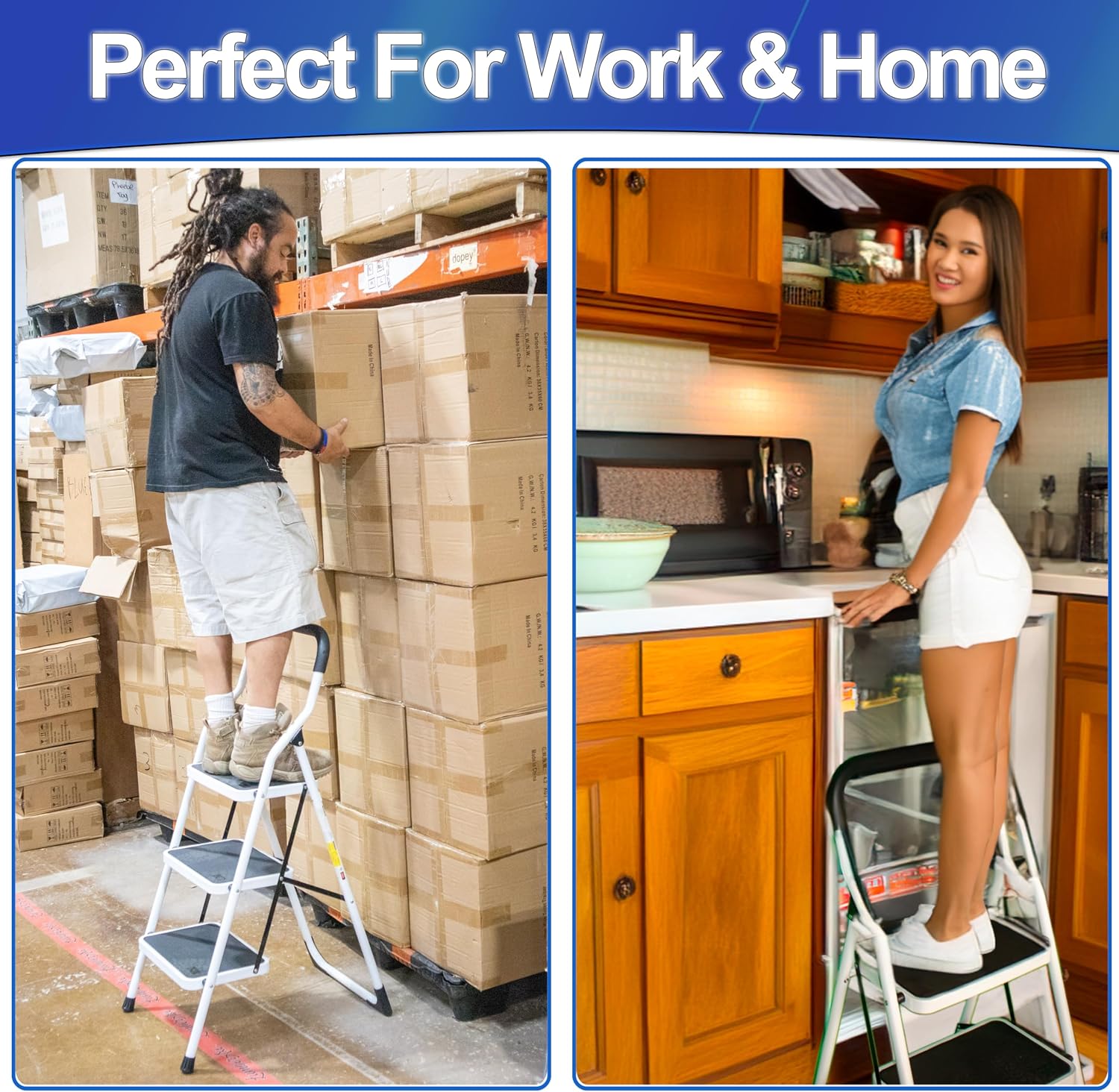 Metal 2 Step Stool Ladder Foldable with Non Slip Ergonomic Handle & Platform - Foldable, Heavy Duty, Lightweight, Compact & Collapsible Steel Safety Kitchen Step Stool - 45" Height (2 Step)