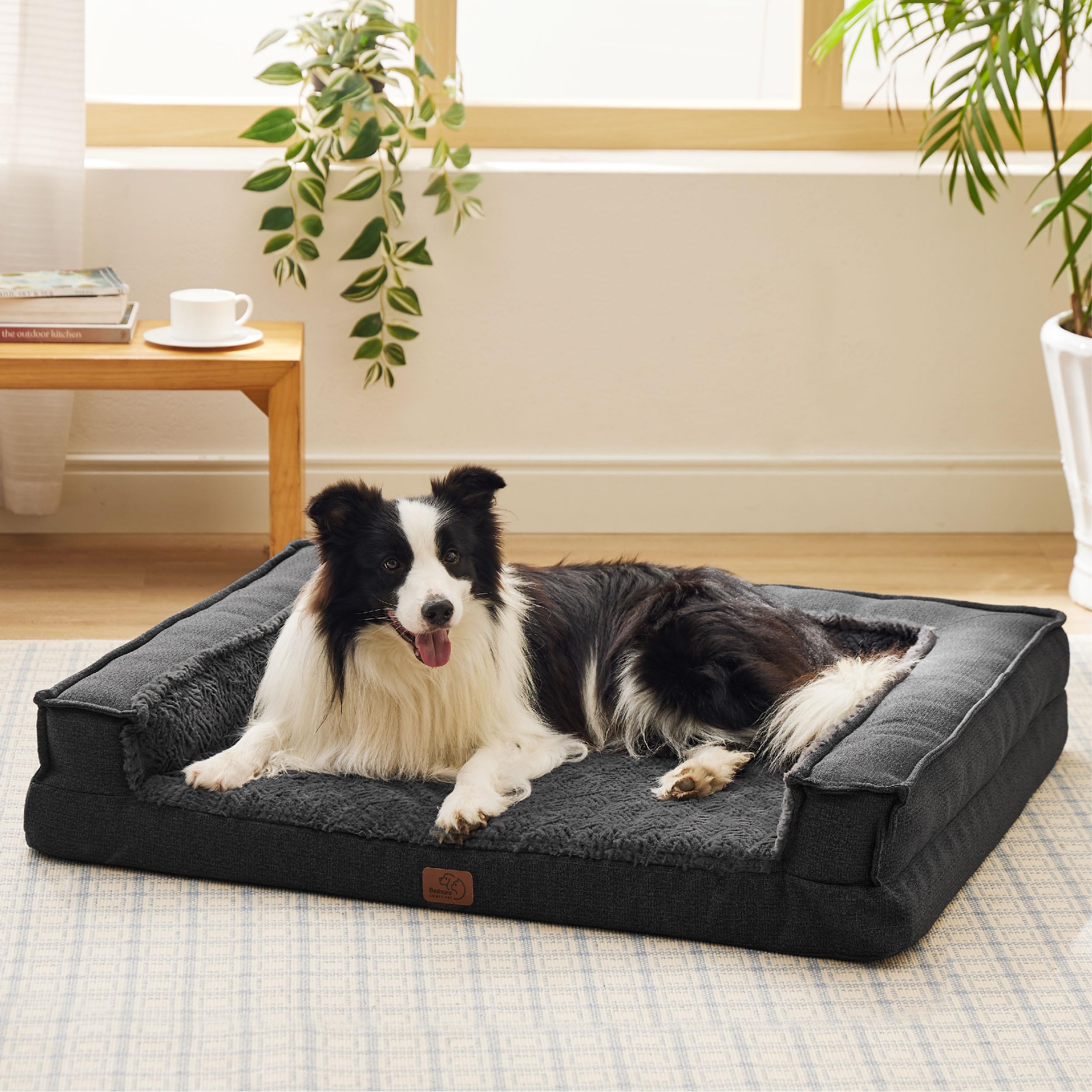 Bedsure Orthopedic Dog Bed for Large Dogs - Supportive Egg Foam Dog Sofa Bed, Bolster Couch Pet Bed with Removable Waterproof Washable Cover, Comfy Plush Velvet Fluff Surface, Nonskid Bottom, Charcoal