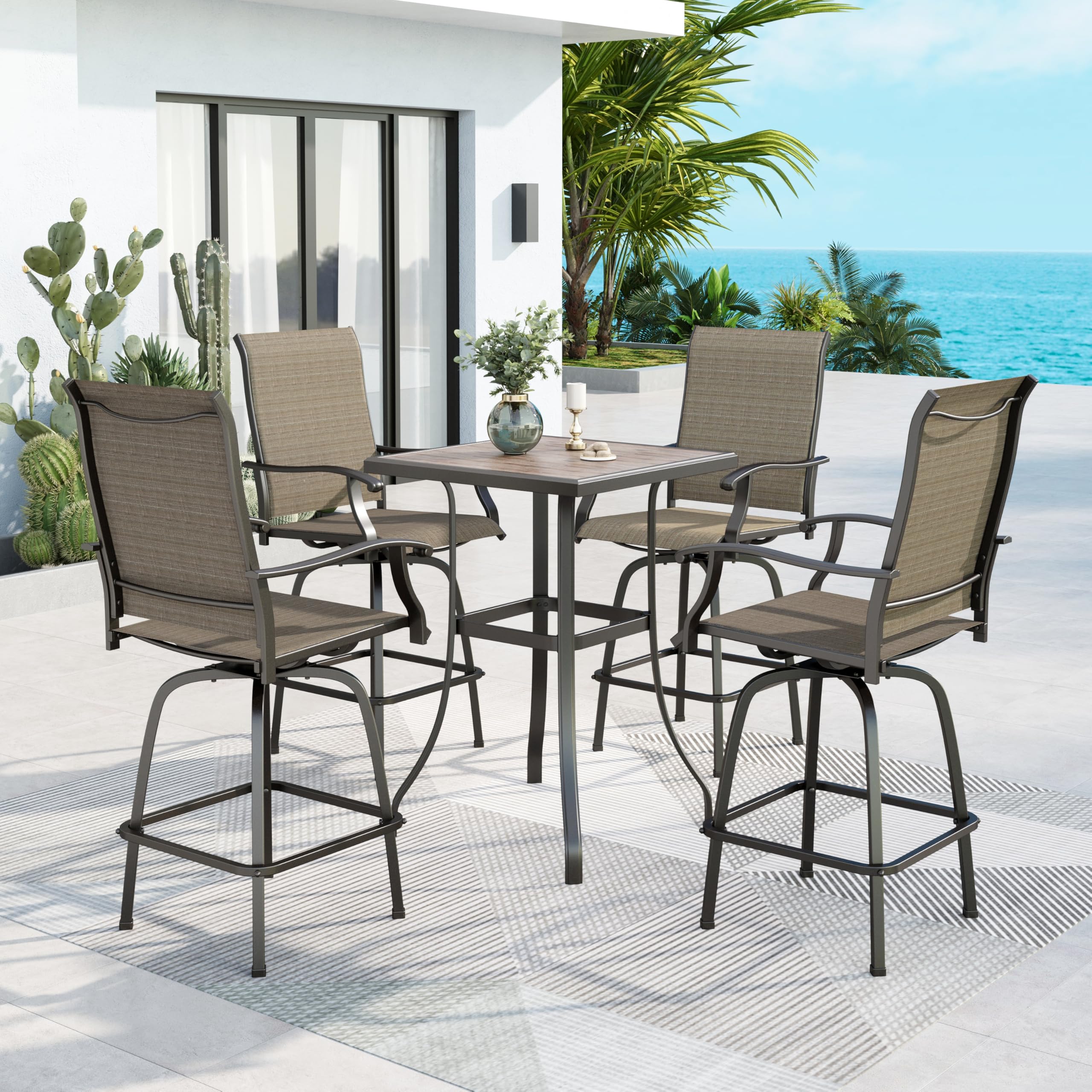 MFSTUDIO 5-Piece Bar Height Patio Table and Chairs, Brown