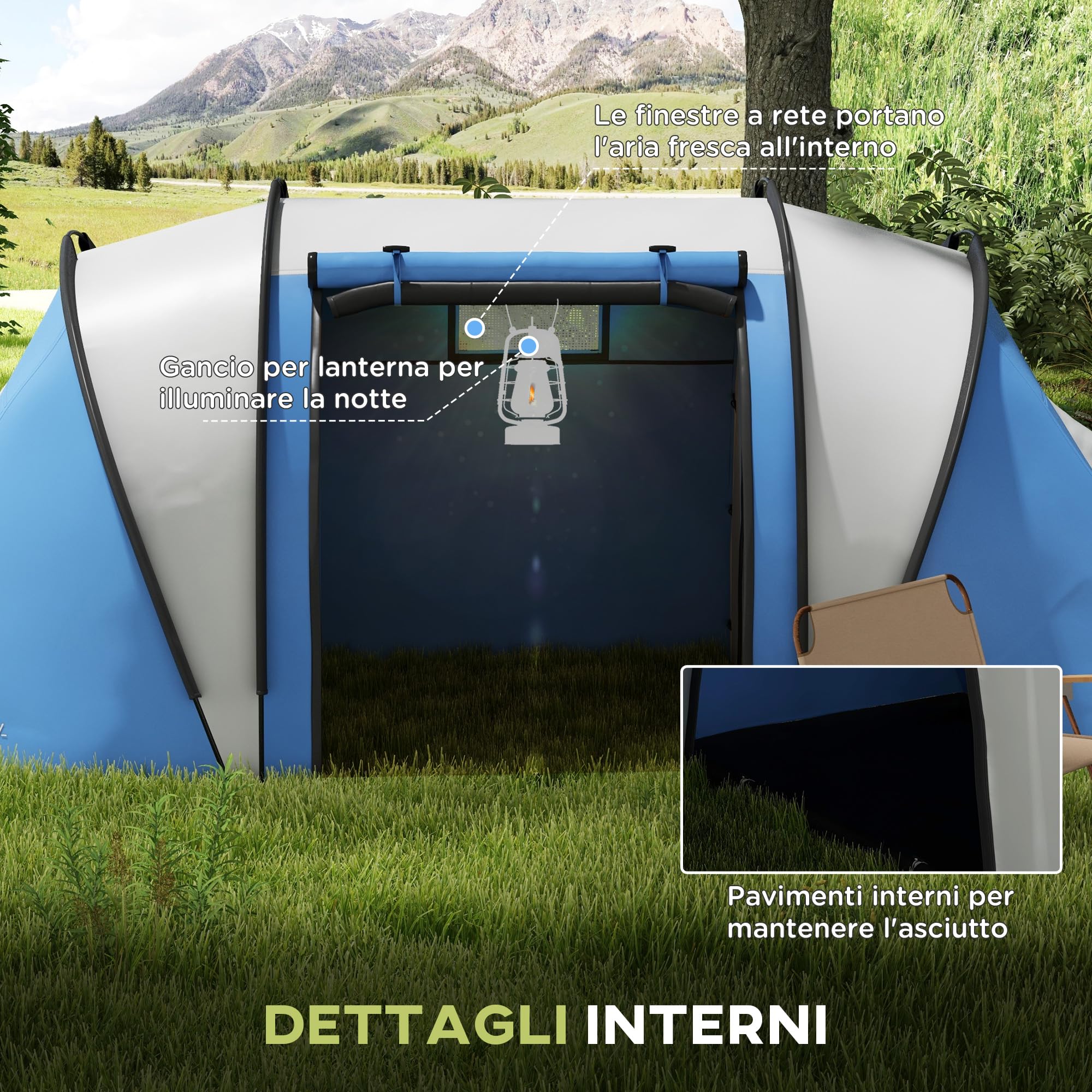 Outsunny Tenda da Campeggio 2 Posti con 2 Stanze, Tenda a Tunnel Familiare Impermeabile 3000mm con Borsa di Trasporto, 220x450x180 cm, Blu