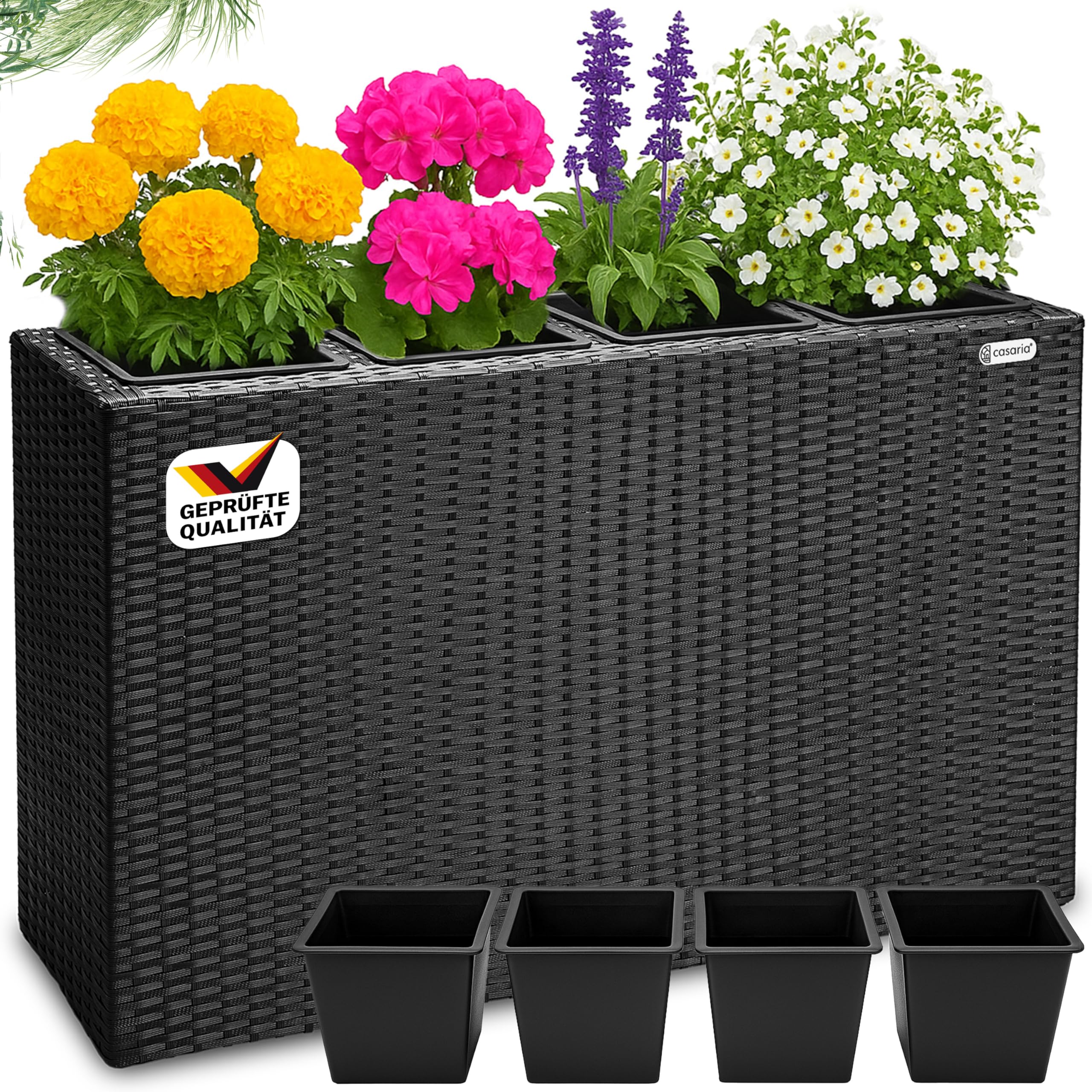 Casaria Fioriera Rettangolare 95x27x60 cm con 4 Vasi Interni in Polyrattan con Sistema di Drenaggio Fioriere Porta Vaso da Fiori Piante Divisorio Giardino Balcone Terrazza Nero
