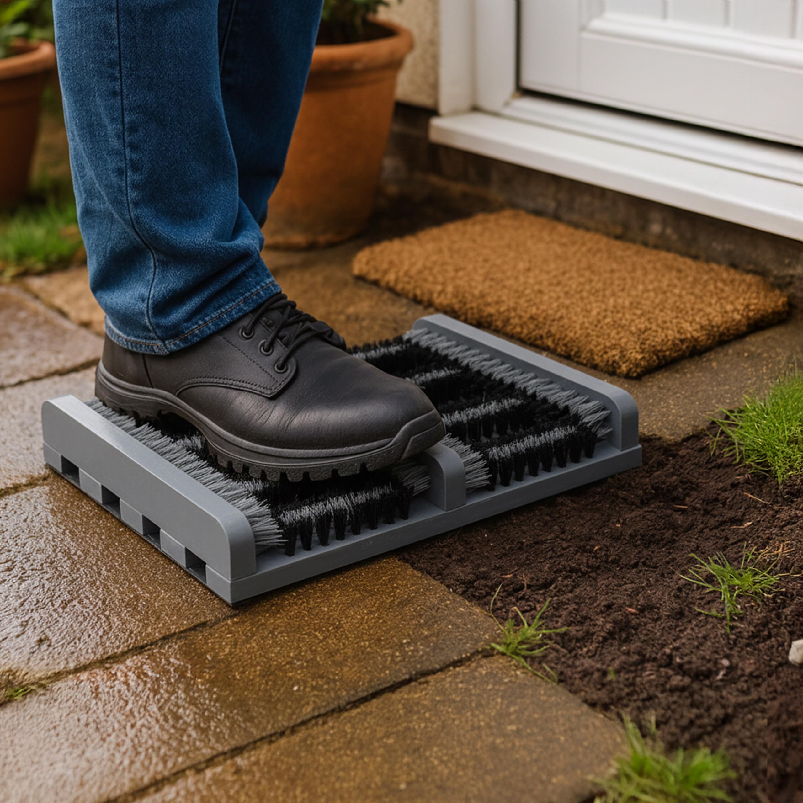 Relaxdays Pulisci Scarpe Ingresso con Spazzole Pulizia Suola di Sneaker e Stivali, Tappetino a Setole Dure, Grigio Nero